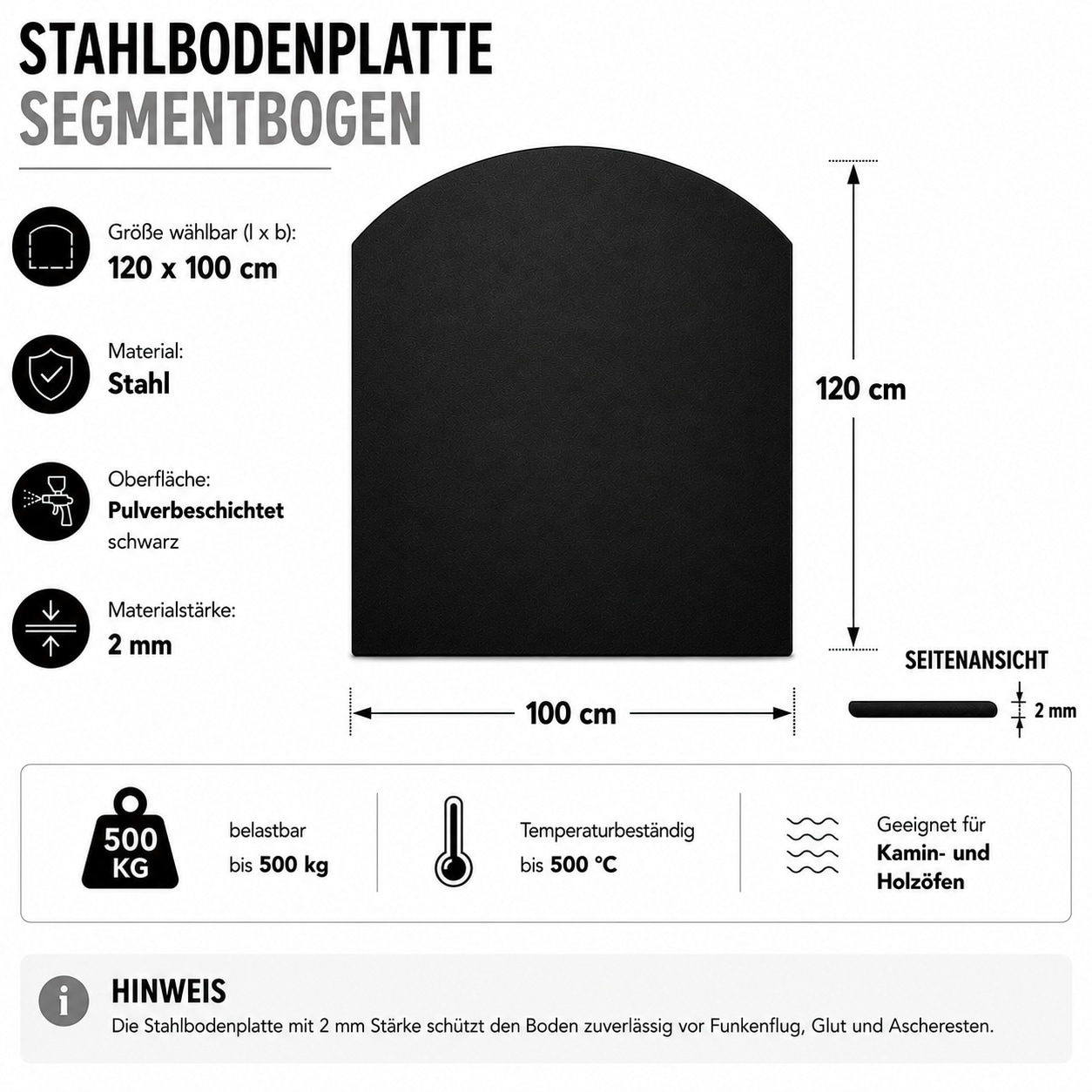 Hanseatic Bodenschutzplatte »für Kaminöfen Segment 100 Stahl« 1 Stk. tlg. Stahl-Segment 100 x 120 cm, 2mm Stärke, schwarz, zum Funkenschutz