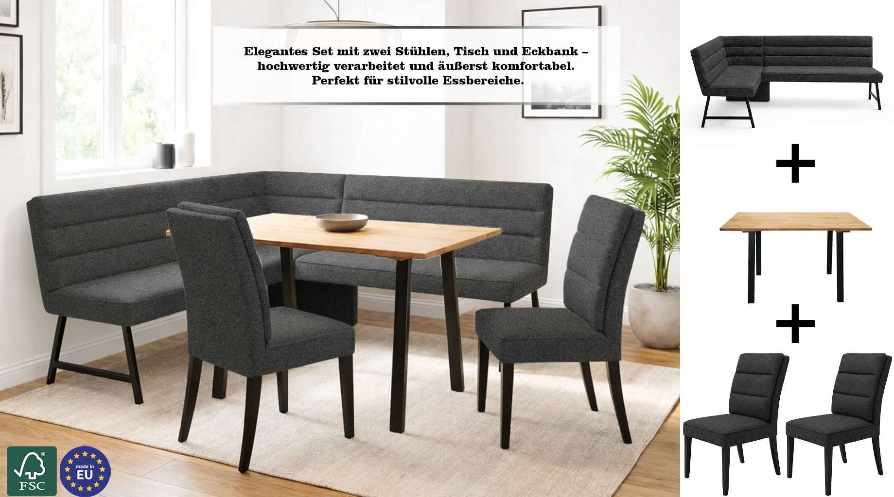 OTTO home Eckbankgruppe »Oregon Essecke, Sitzgruppe, Küchenbankgruppe« Set, 4er, 4 tlg. Eckbank mit Metallfüßen, Esstisch in Eiche massiv