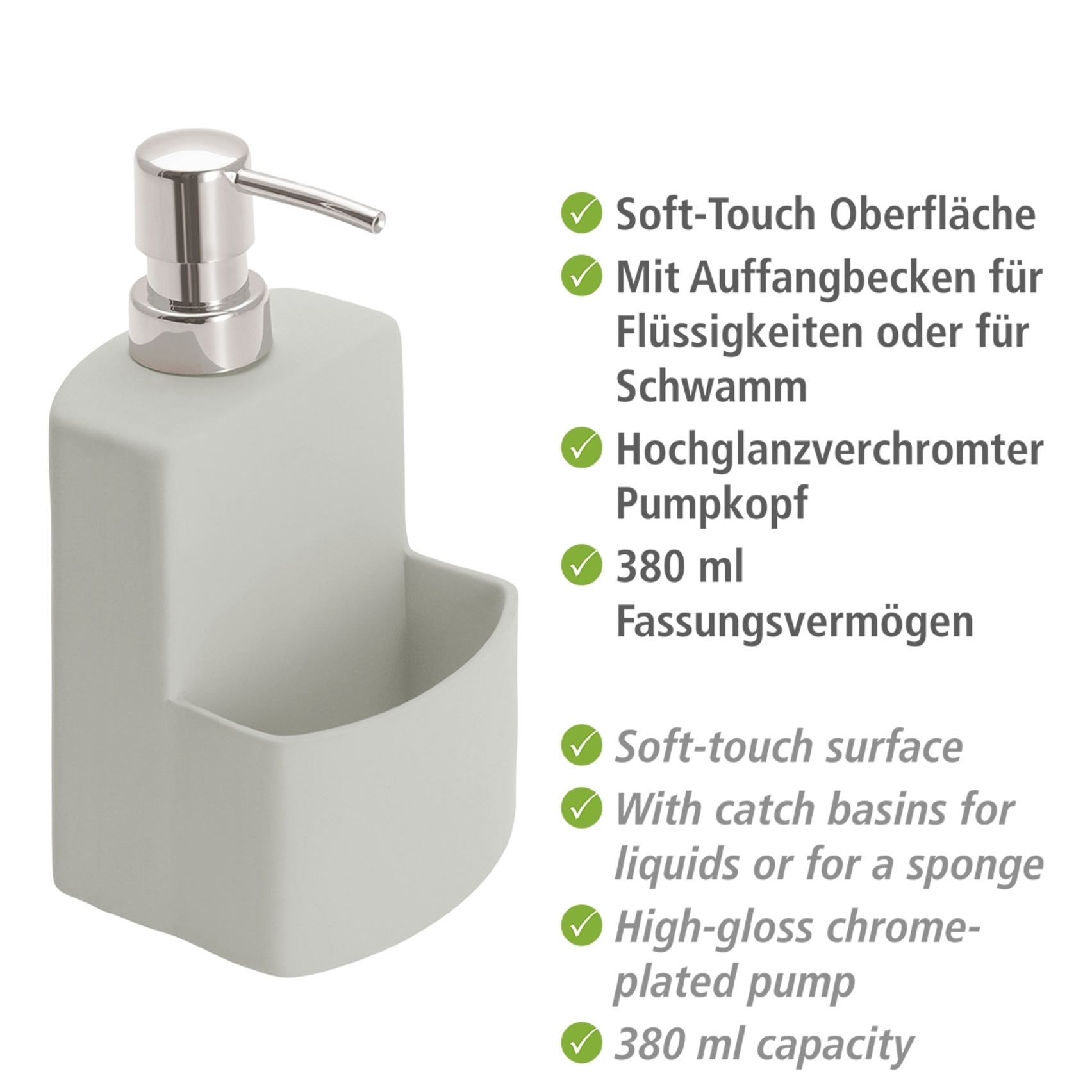 WENKO Spülmittelspender »Modell Festival«, aus Keramik, Soft-Touch Beschichtung, mit Spülschwamm-Fach, 380 ml
