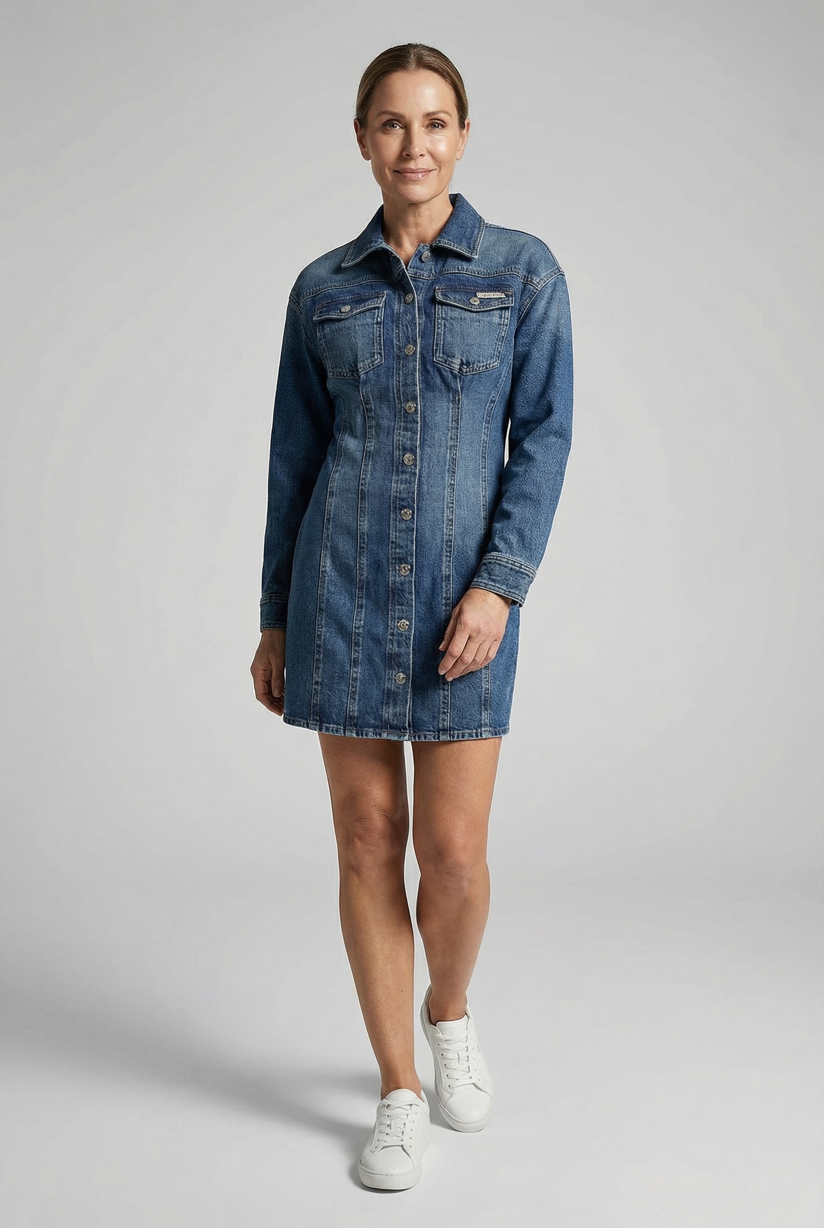 Calvin Klein Jeans Jeanskleid "LS DENIM MINI DRESS" Klappentaschen Mit Rund günstig online kaufen