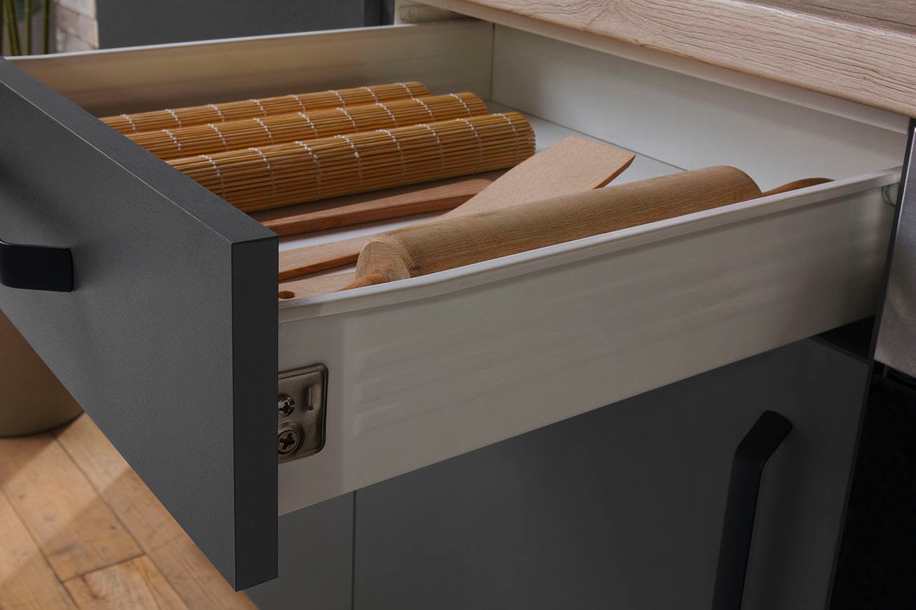 wiho Küchen Winkelküche »"Simi", mit verstellbaren Füßen, wahlweise mit E-Geräten«, Soft-Close-Funktion in Schubkästen & Auszügen, Stellbreite 315/175 cm