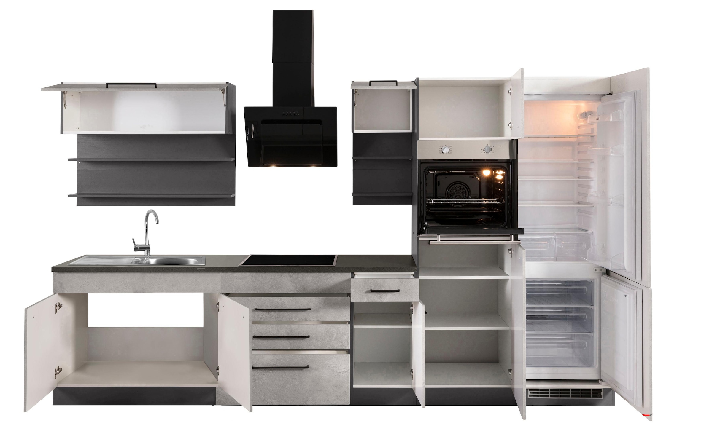 KOCHSTATION Küchenzeile »KS-Tulsa«, ohne E-Geräte, Breite 350 cm, schwarze Metallgriffe, MDF Fronten