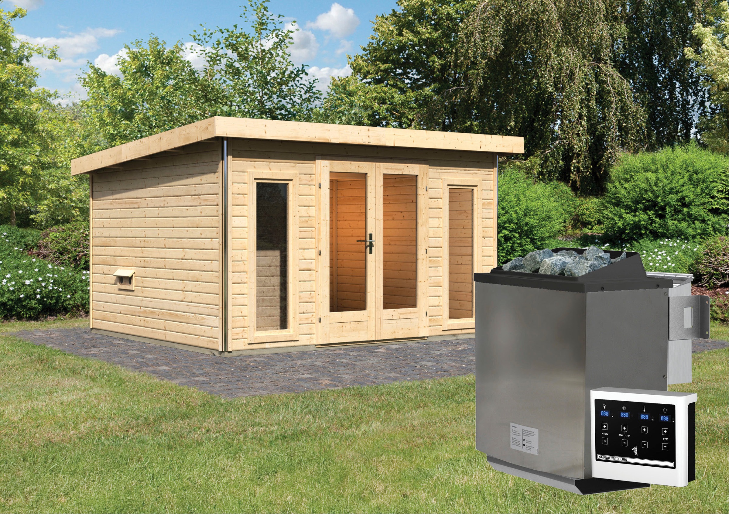 Karibu Saunahaus »Maiko 2A«, Ofen 9 kW Bio ext. Strg.