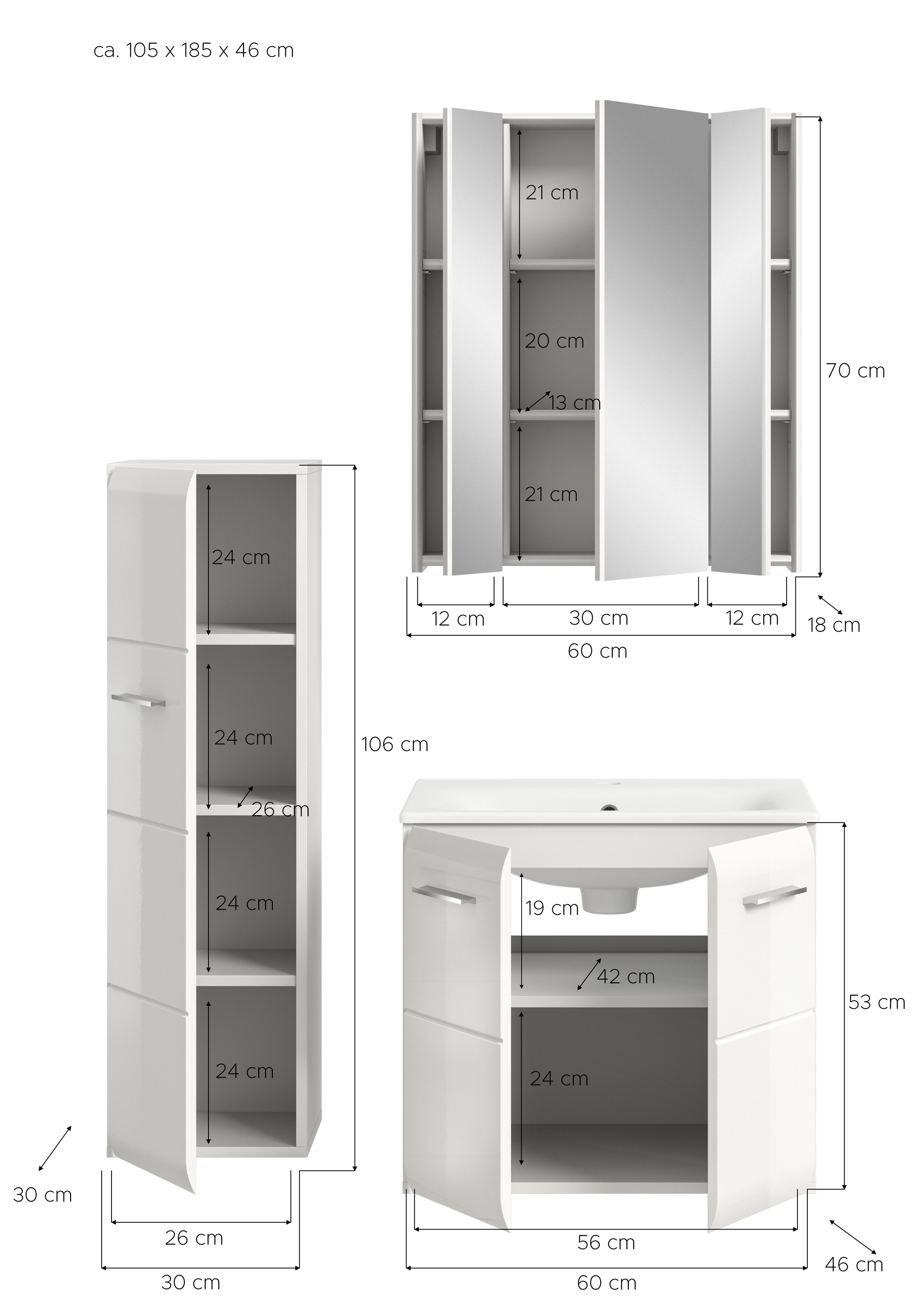 INOSIGN Badezimmer-Set, (Set, 4 St.), Florenz, Badkombination 4-tlg.,Weiß hochglanz, inkl. Waschbecken