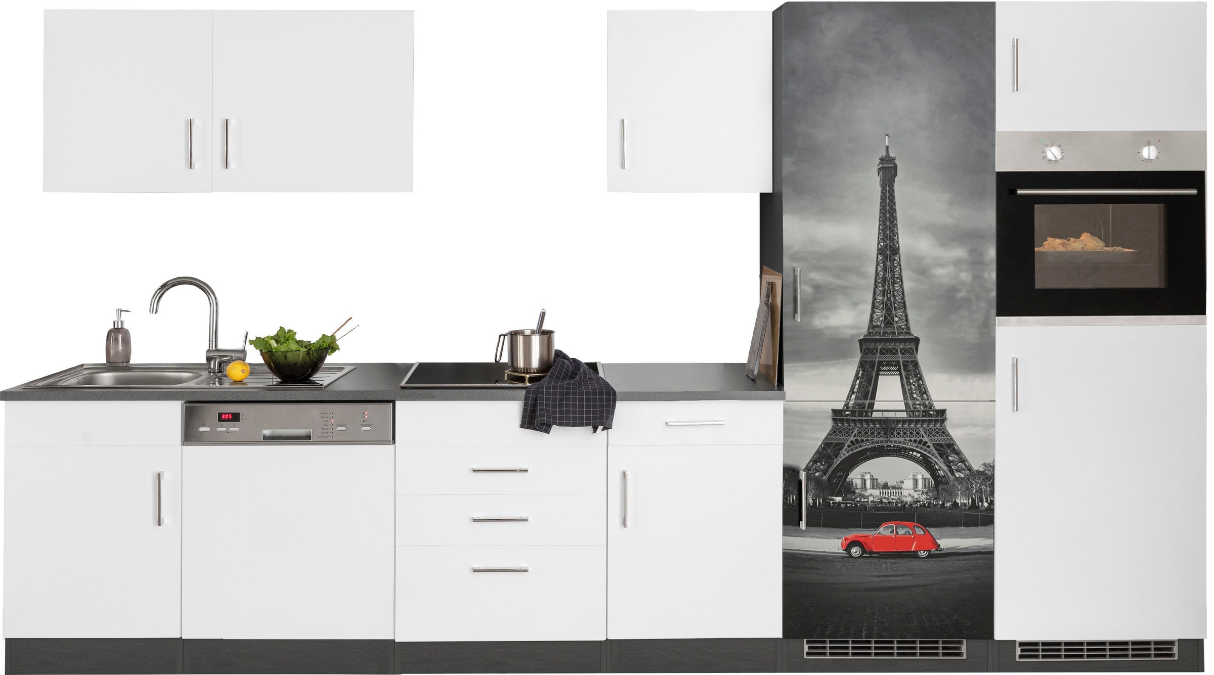 KOCHSTATION Küchenzeile "KS-Paris - Küchen mit einzigartigen Fotomotiven auf den Fronten" Breite 340 cm, wahlweise mit E-Geräten und Induktion