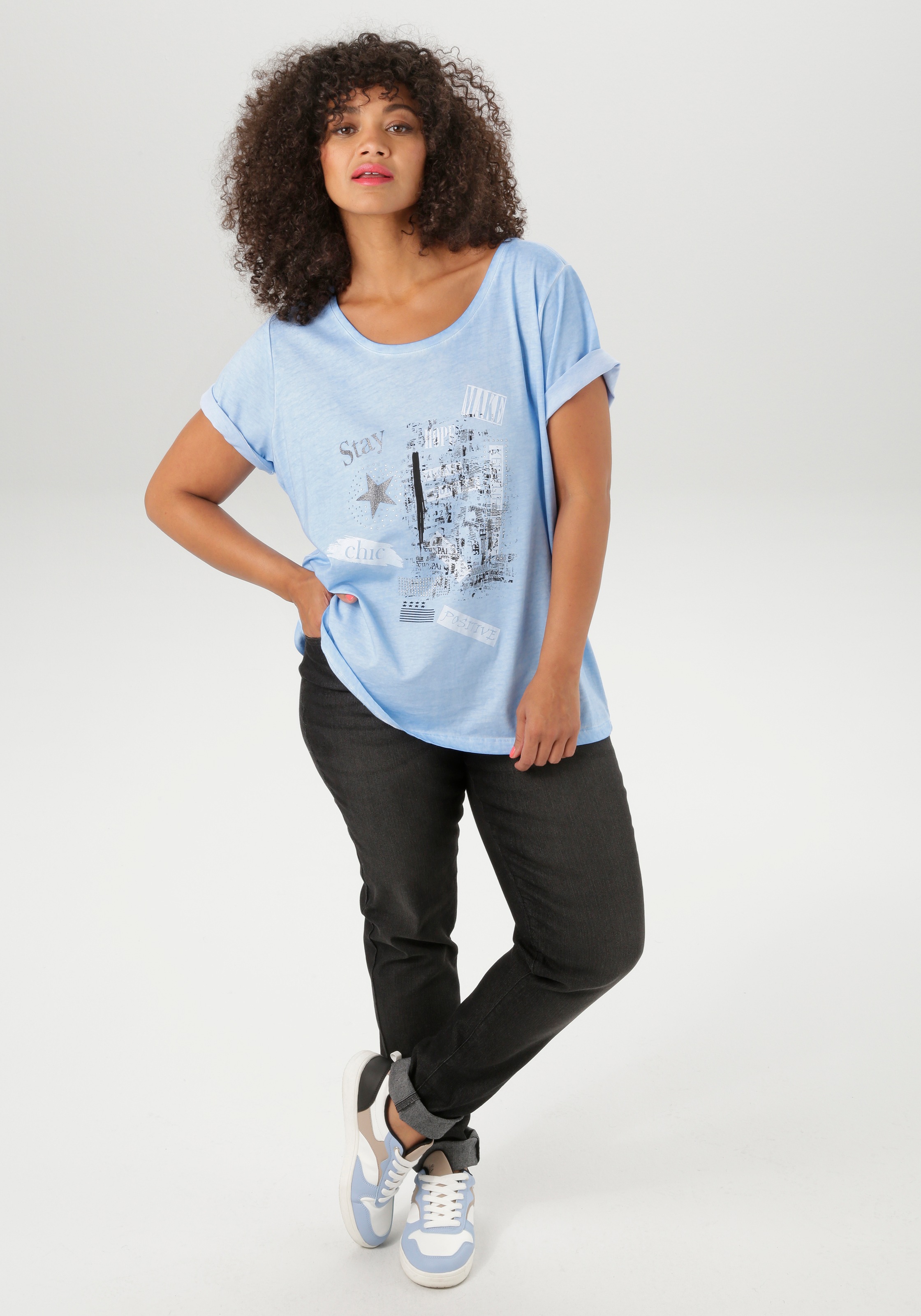 T-Shirt ANISTON PLUS, Damen, Gr. 46, blau (hellblau), Jersey, Obermaterial: 100% Baumwolle, bedruckt, unifarben, figurumspielend hüftbedeckend, Rundhals, normaler Saum, Shirts T-Shirt, mit edlem Druckmotiv, Topseller 3