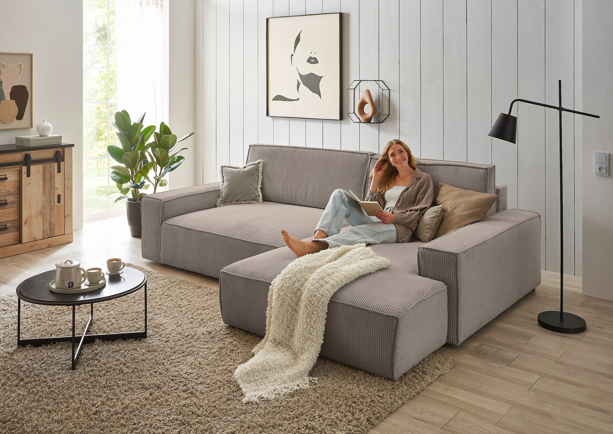 OTTO home Ecksofa »NEU: SHERWOOD XXL 284, Big-Sofa L-Form, tiefe Sitzfläche 95 cm, Cord« Recamiere rechts/links, als Schlafsofa stellbar, Cord u. Leinenoptik