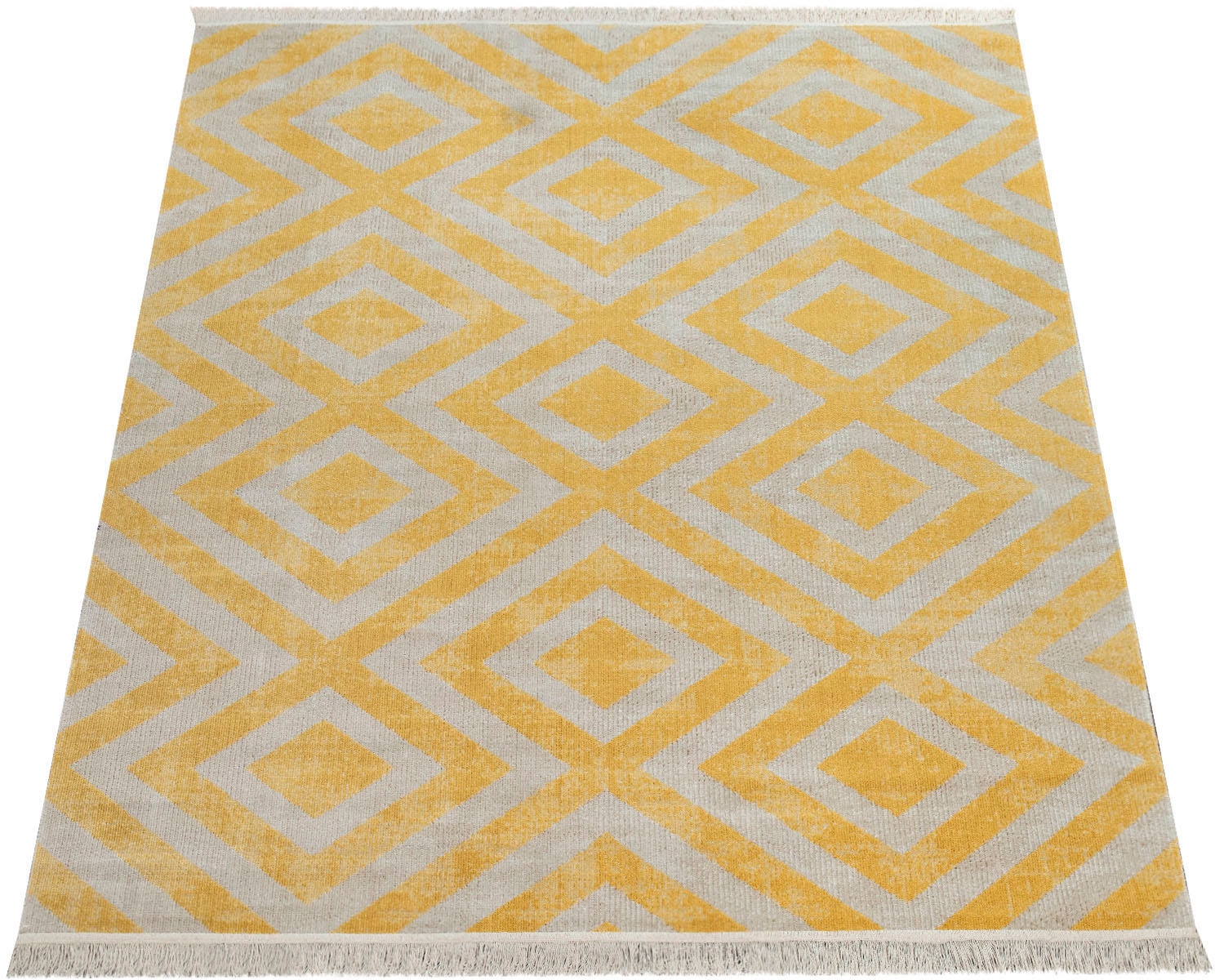 Paco Home Teppich »Poco 821«, rechteckig, 6 mm Höhe, Kurzflor, Rauten Design, mit Fransen, In- und Outdoor geeignet