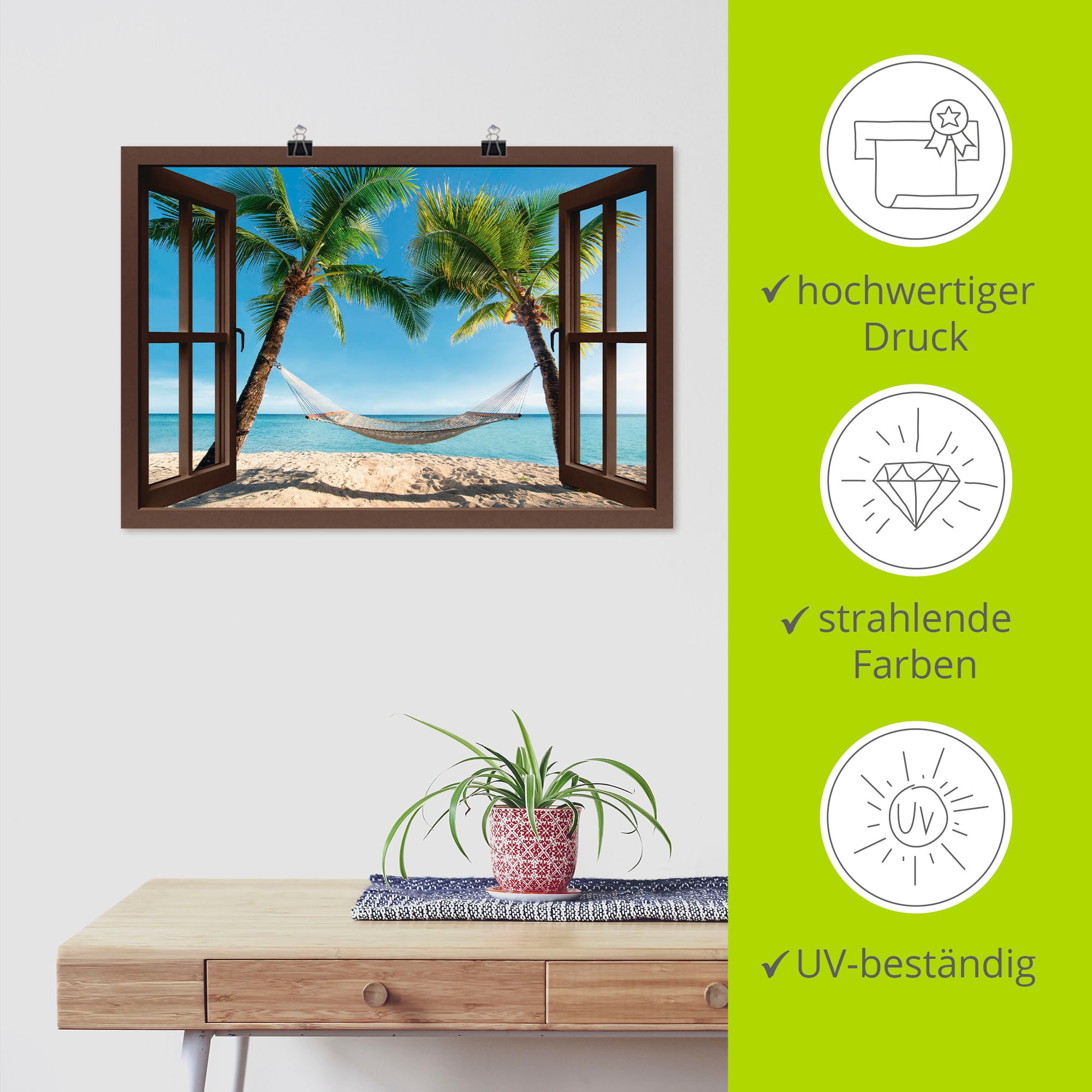 Artland Wandbild »Fensterblick Palmenstrand Karibik«, Amerika, (1 St.), als Leinwandbild, Poster, Wandaufkleber in verschied. Größen