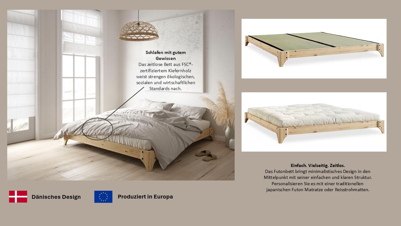 Thumbnail - Karup Design Futonbett "Elan Bettgestell, massiv Kiefernholz, minimalistisches Scandi Design" Inklusive Lattenrost, in v...