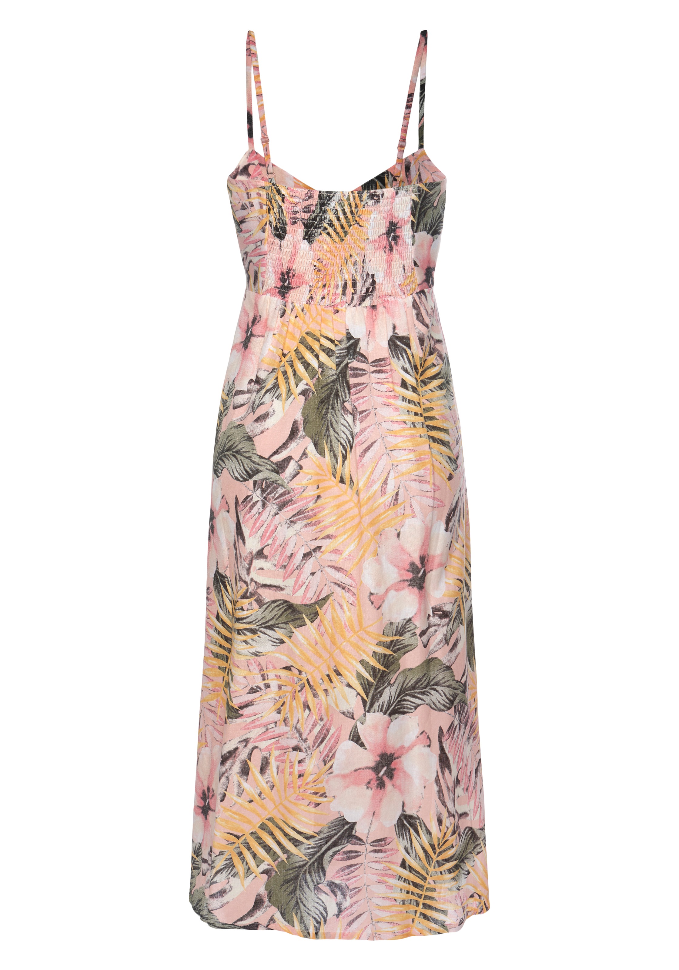 Sommerkleid LASCANA, Damen, Gr. 40, N-Gr, orange (apricot, bedruckt), Web, Obermaterial: 58% Viskose, 28% Baumwolle, 14% Leinen, figurumspielend Midi, V-Ausschnitt, Kleider Sommerkleid, aus Leinenmix, Midikleid mit Knopfleiste vorne, Strandkleid 3