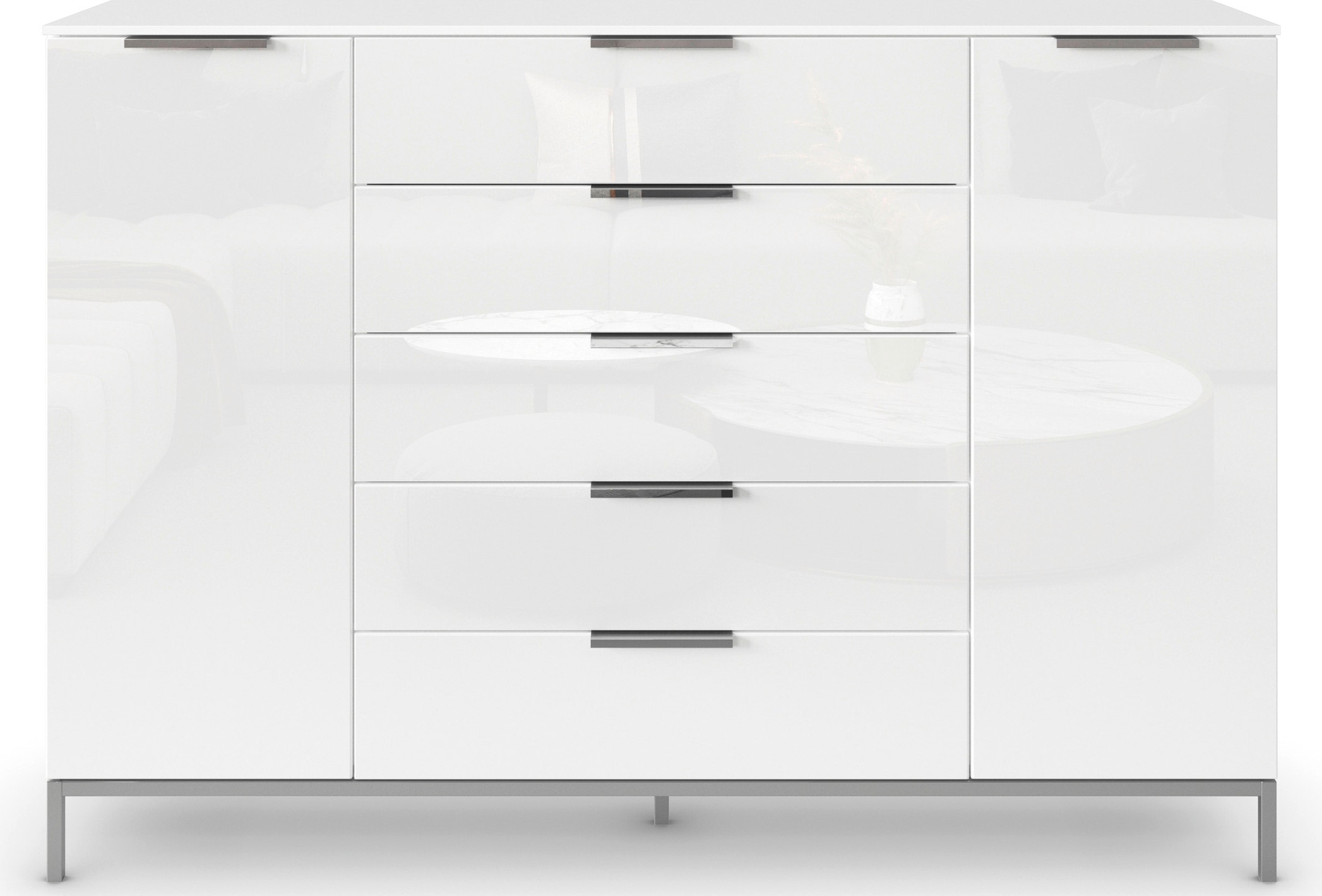 rauch Schubkastenkommode »Kommode Türkommode Sideboard Kombikommode FLIPP mit Glasfront«, (Breite 160/180 cm mit 4 Einlegeböden), 2-trg mit 5 Schubladen und Soft-Close-Funktion, Glasfront, 2 Breiten