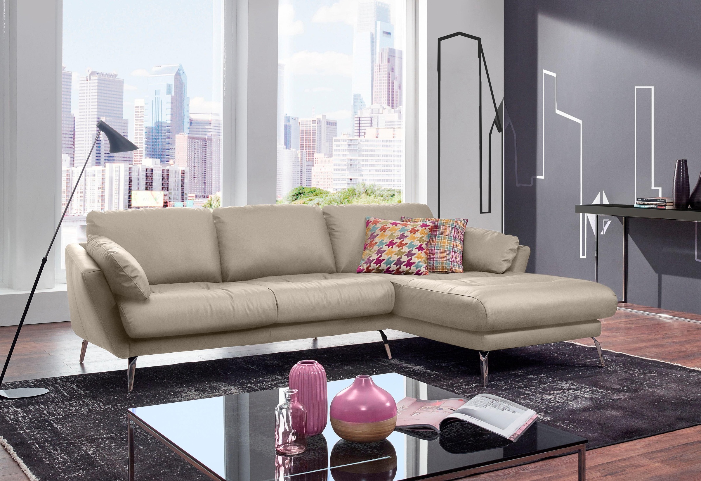 W.SCHILLIG Ecksofa »softy, Designsofa, zeitlos und elegant, hoher Sitzkomfort, L-Form«, mit dekorativer Heftung im Sitz, Füße Chrom glänzend