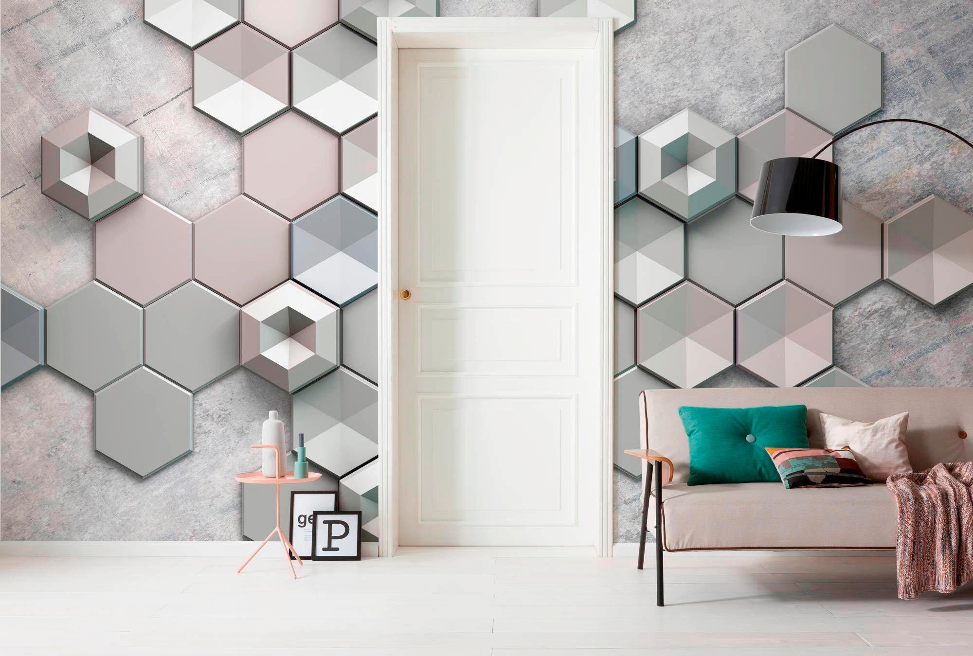 Fototapete Hexagon Muster 3D Effekt Grau Beige 3,50 m x 2,55 m FSC