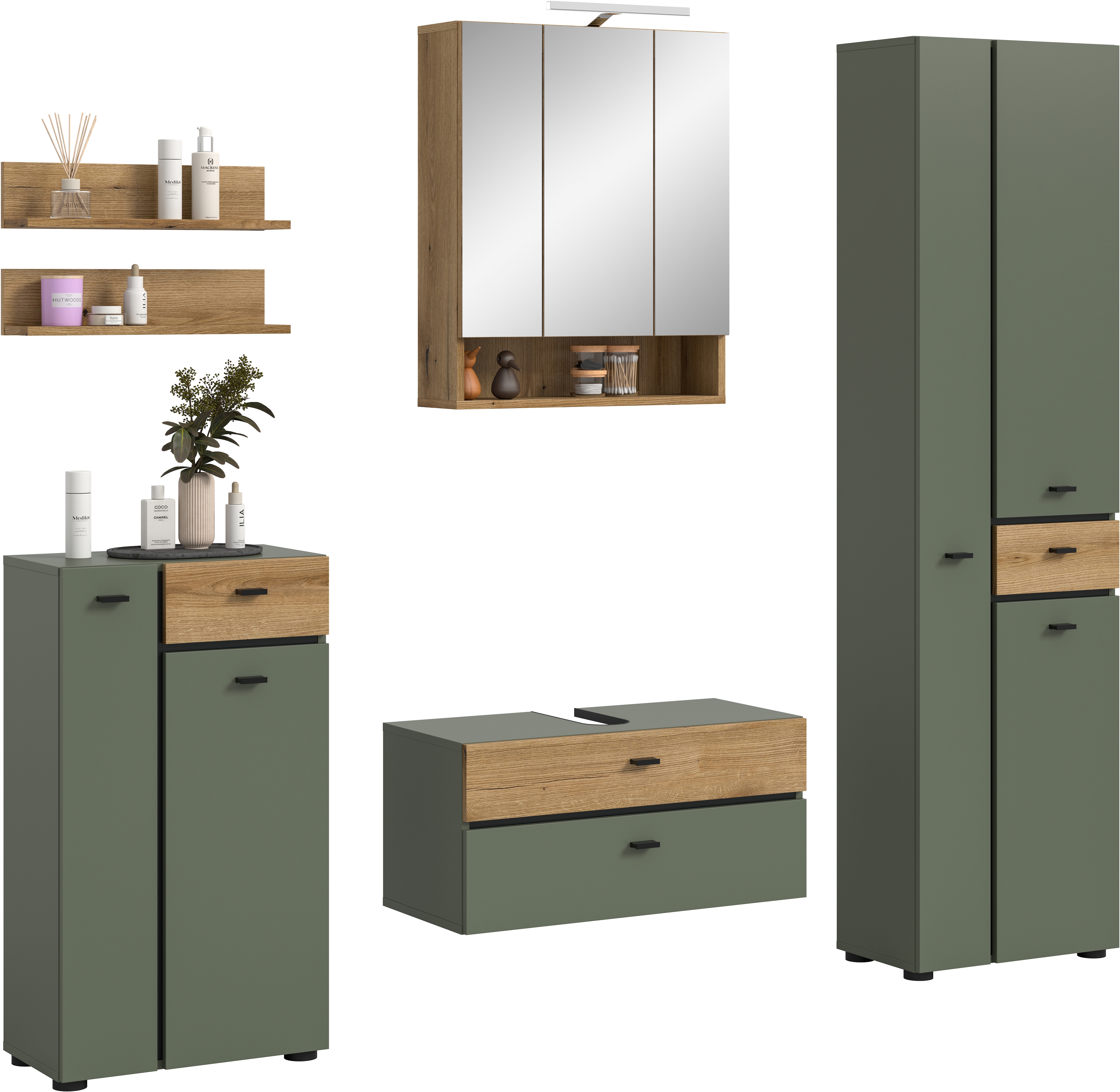 welltime Badmöbel-Set "VANN, 6-teilige moderne Badkombination, inkl. Beleuchtung" Midischrank, 2er Set Wandregal, WBU, Spiegelschrank, Hochschrank, 6 Stk. tlg.