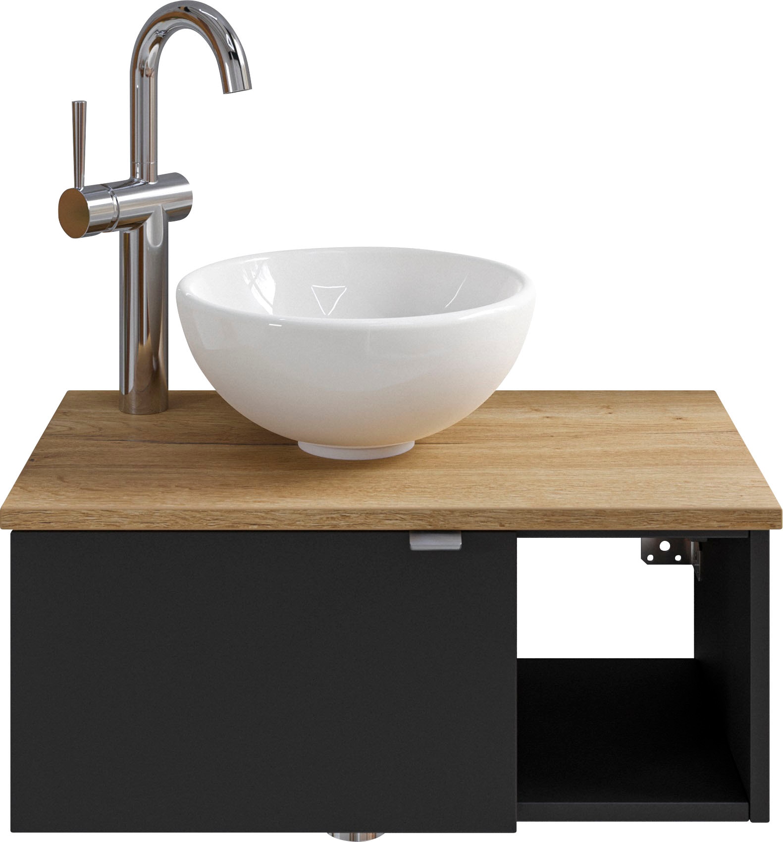 Saphir Waschtisch "Serie 6915 Waschschale mit Unterschrank für Gästebad, Gäste WC" Keramik-Aufsatzbecken, Waschtischplatte, Waschtischunterschrank, 3 Stk. tlg. 61 cm breit, 1 Tür, offenes Fach, kleine Bäder, ohne Armatur