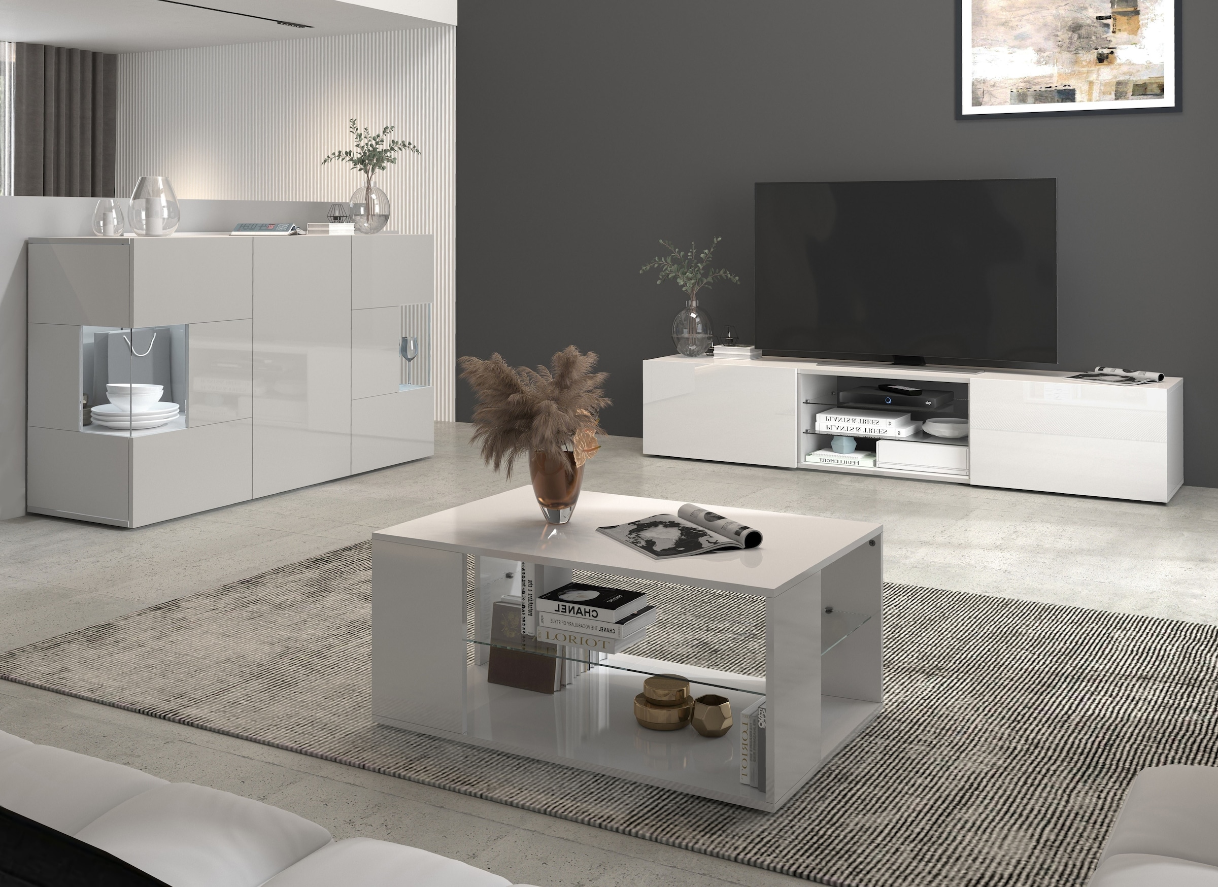 INOSIGN Sideboard »Egypt, Kommode, Schrank, Kredenz, Vitrine grifflos«, 3 Türen davon 2 mit Glaseinsatz, kompl. Hochglanz lackiert Breite 135