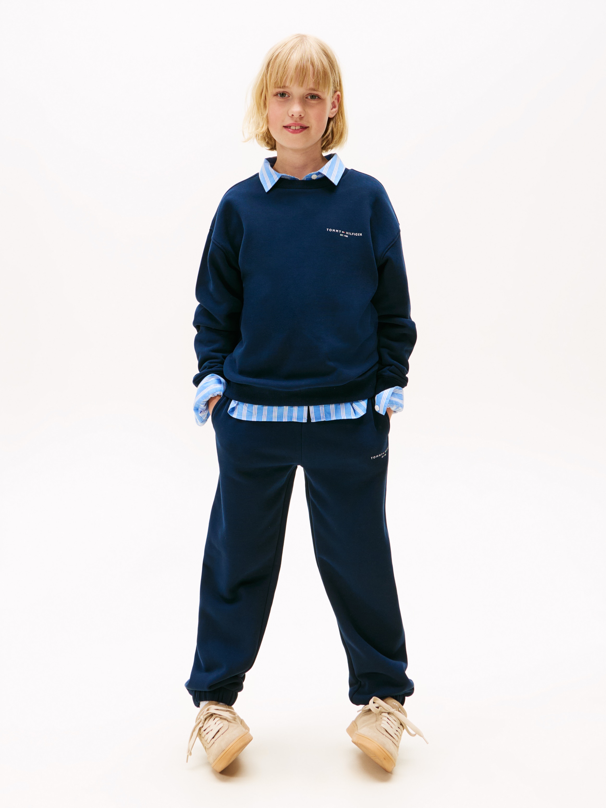 TOMMY HILFIGER Jungen Langarmshirt & Hose "MINI CORP C-NECK SWEATSHIRT SET", blau, Gr. 4, unifarben, Jersey, Obermaterial: 80% Baumwolle, 20%