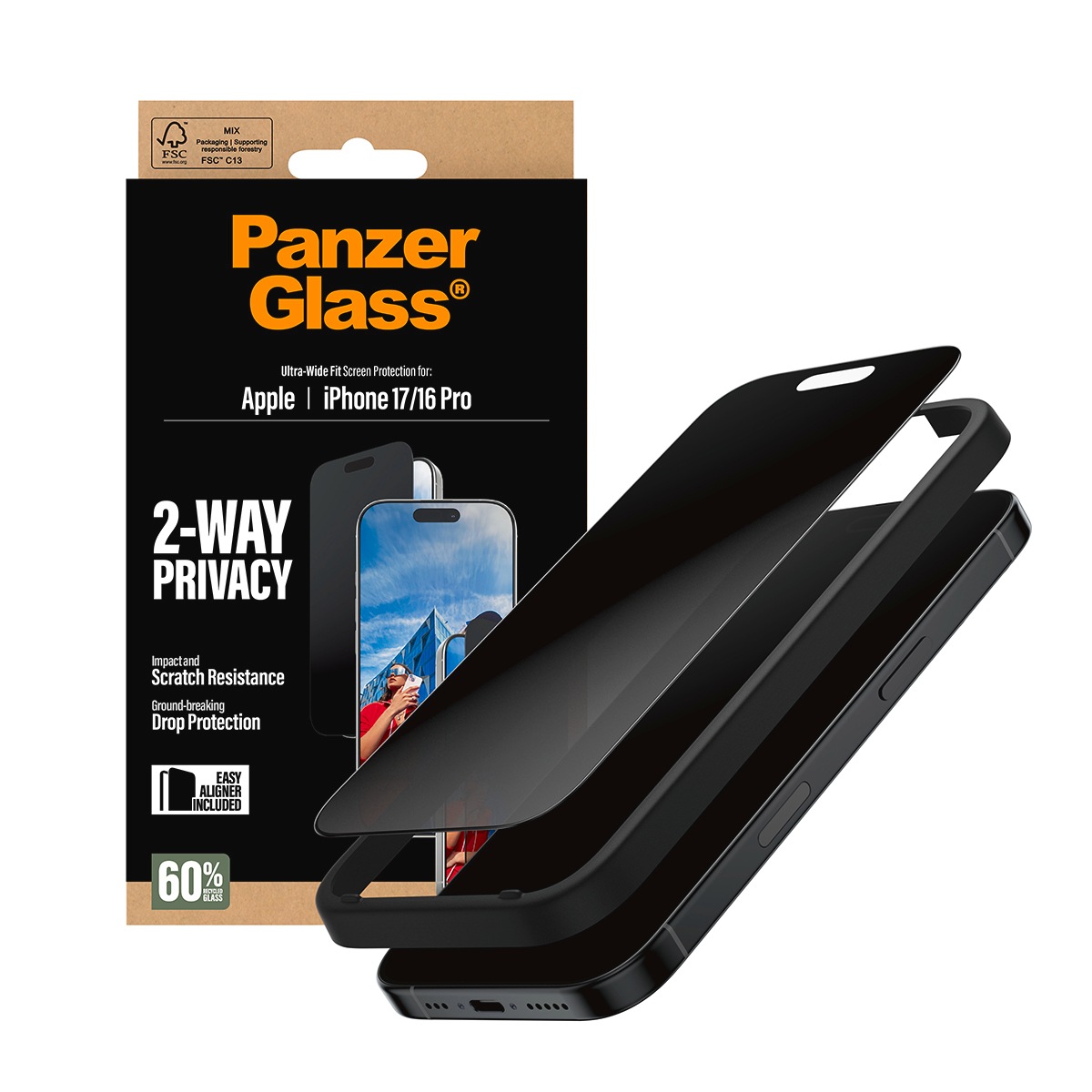 CARE by PanzerGlass Displayschutzglas »2-Way Privacy Ultra-Wide Fit Screen Protector«, für Apple iPhone 17-Apple iPhone 16 Pro, Displayschutzfolie, Schutzfolie, Bildschirmschutz, kratz- & stoßfest