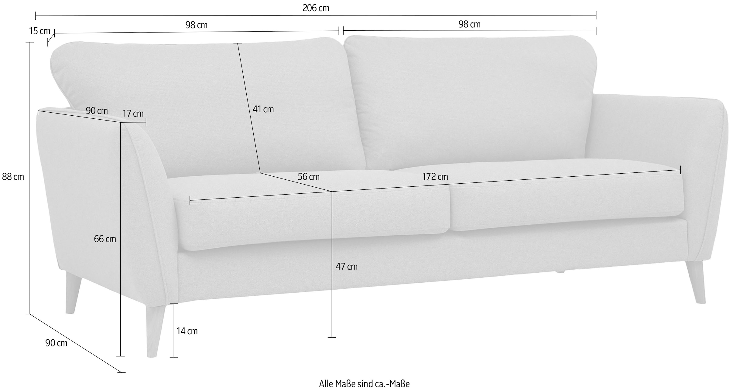 Home affaire 3-Sitzer »MARSEILLE Sofa 206 cm«, mit Massivholzbeinen aus Eiche, verschiedene Bezüge und Farbvarianten
