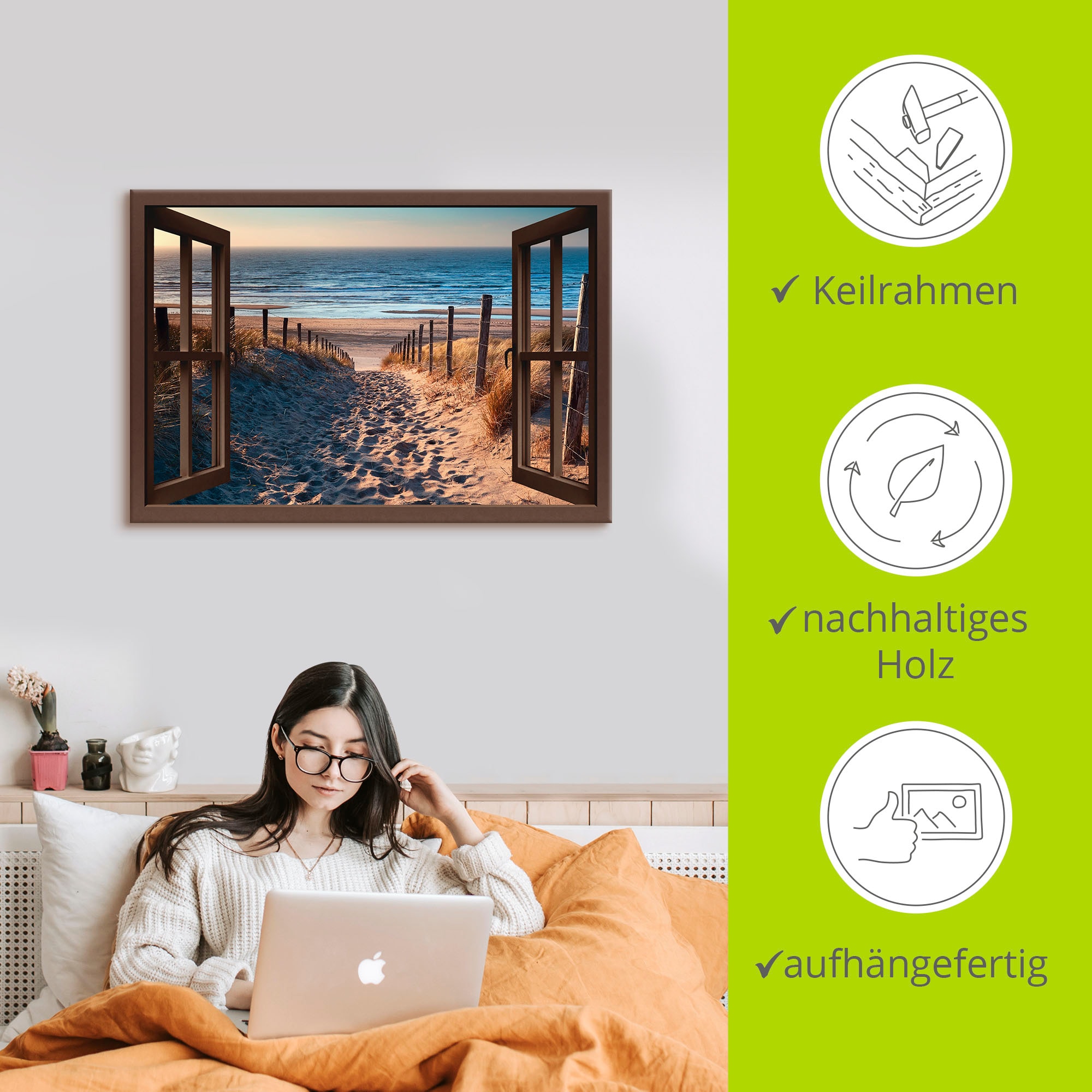 Artland Wandbild »Fensterblick Weg zum Nordseestrand«, Strand, (1 St.), als Leinwandbild, Poster, Wandaufkleber in verschied. Größen
