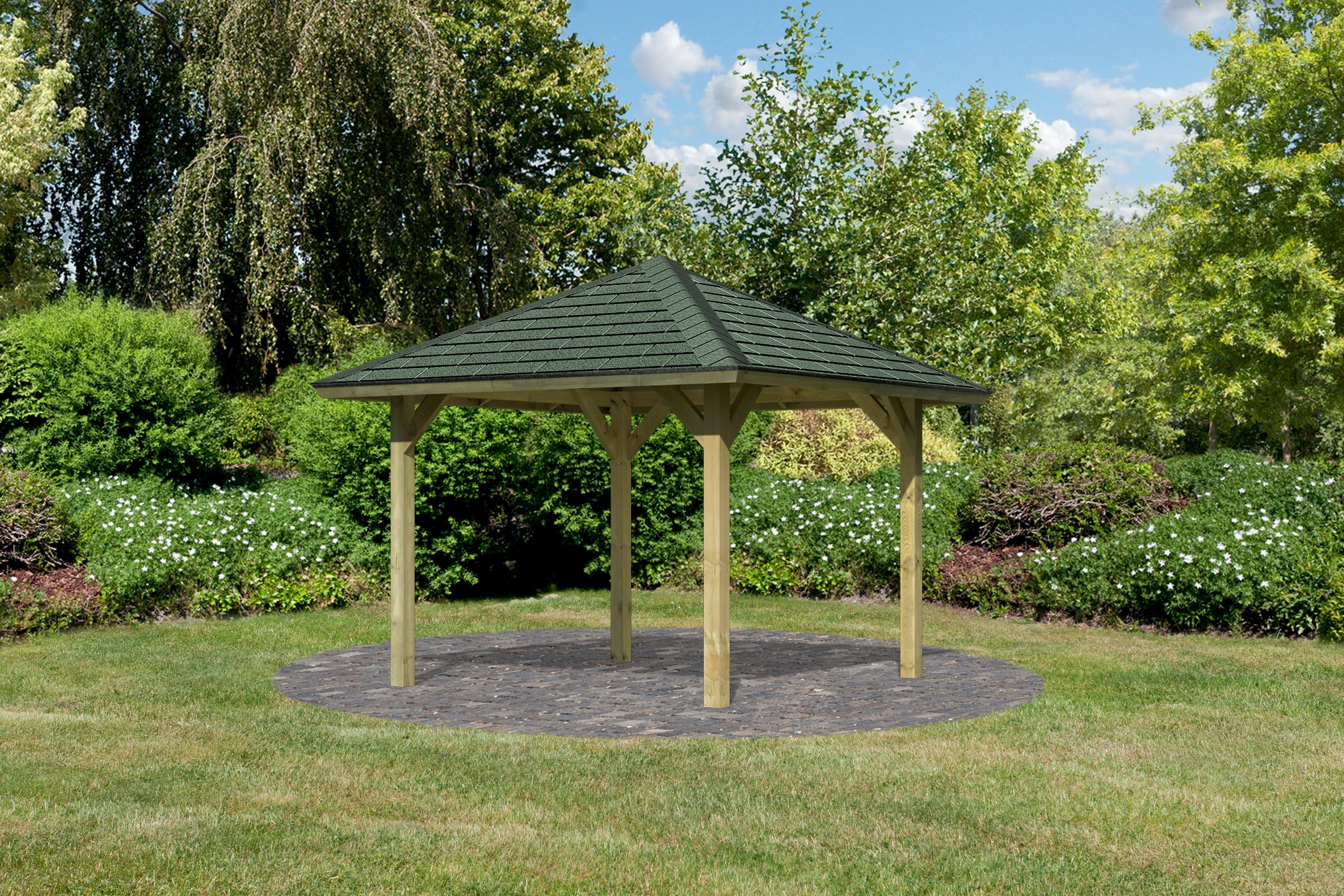 Karibu Pavillon "Bergen 1" BxTxH: 338x338x290 cm, mit grünen Dachschindeln günstig online kaufen