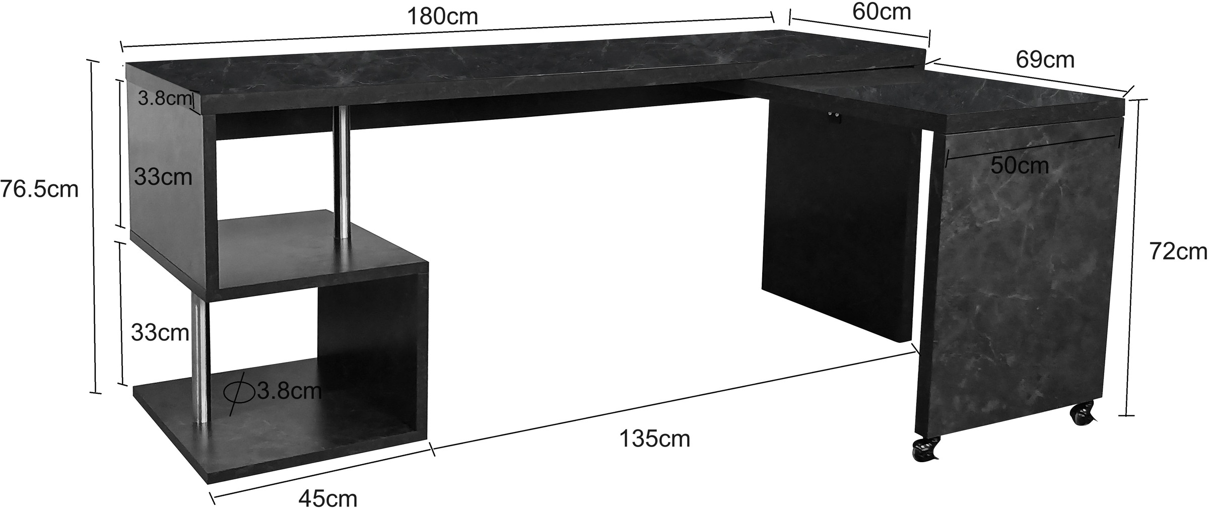 Places of Style Schreibtisch »Lopar, Eckschreibtisch«, rollbares Tischelement, großzügige Arbeitsfläche, Winkel 180x129 cm