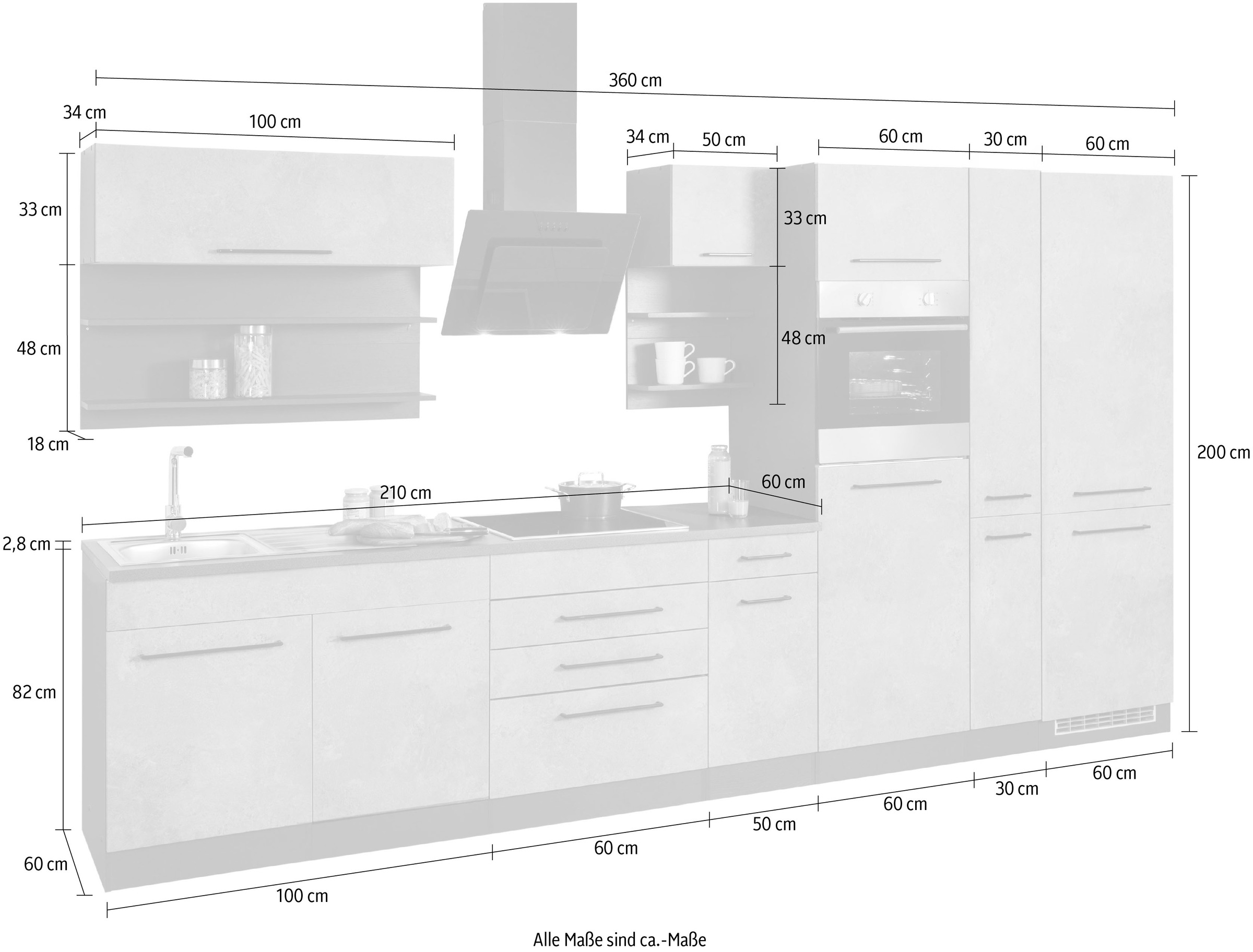KOCHSTATION Küchenzeile »KS-Tulsa«, ohne E-Geräte, Breite 360 cm, schwarze Metallgriffe, MDF Fronten
