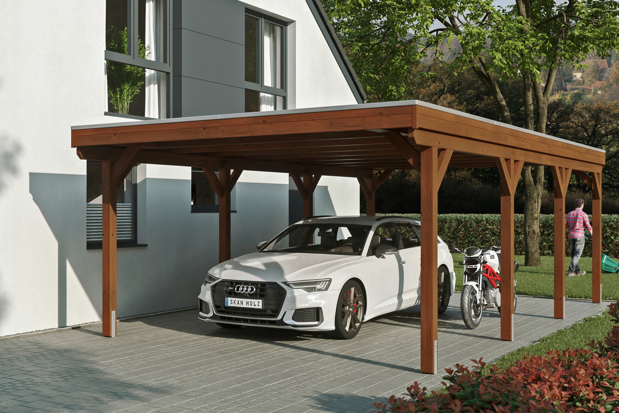 Skanholz Einzelcarport "Grunewald" Leimholz braun mit EPDM-Dach