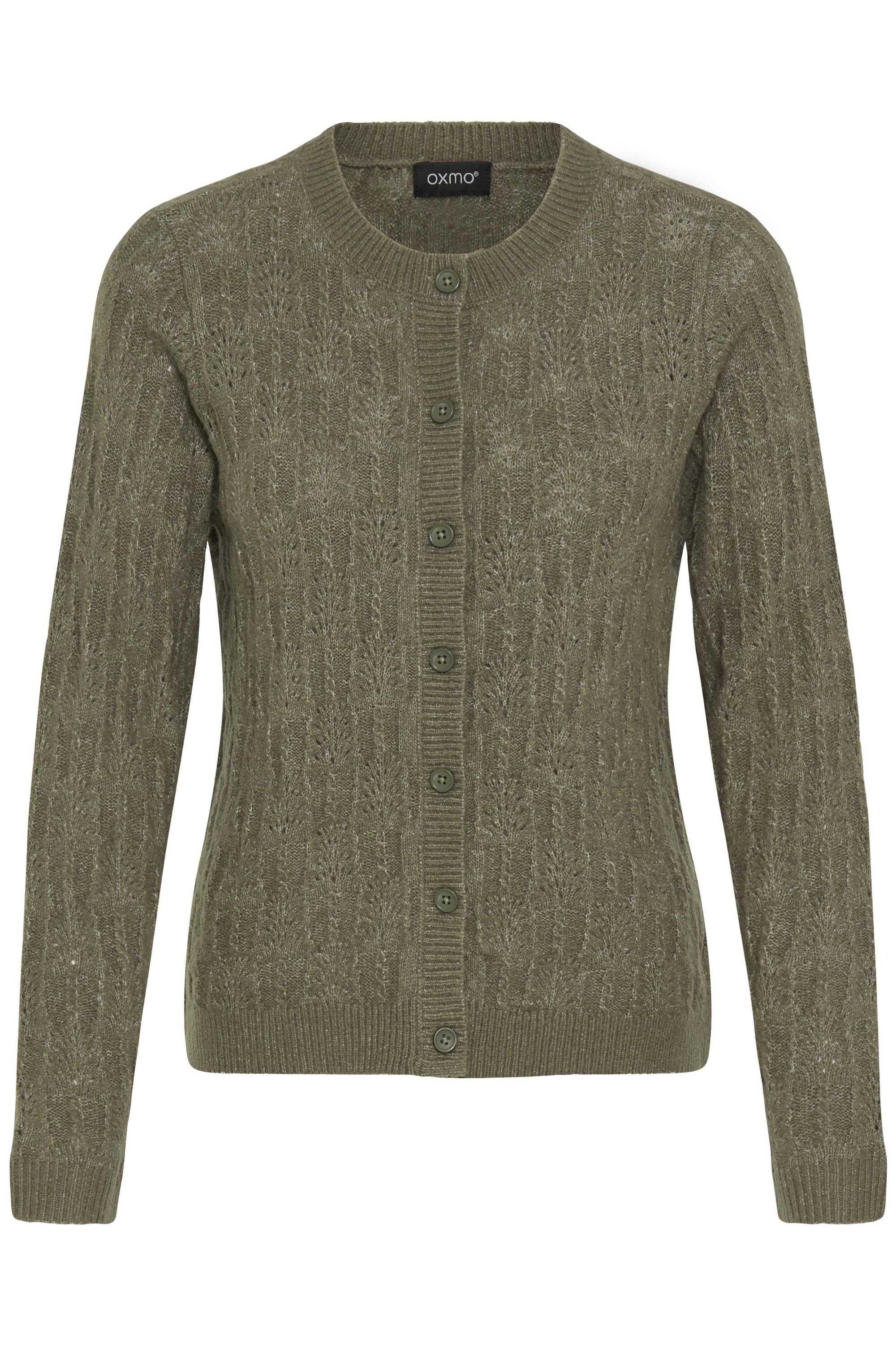 Strickjacke OXMO "Strickjacke OXFSINVA", Damen, Gr. XL, grün (smokey olive melange), Obermaterial: 76% Polyacryl PAN. 21% Polyester PES. 3% Elasthan EL., Strickjacken Strickjacke