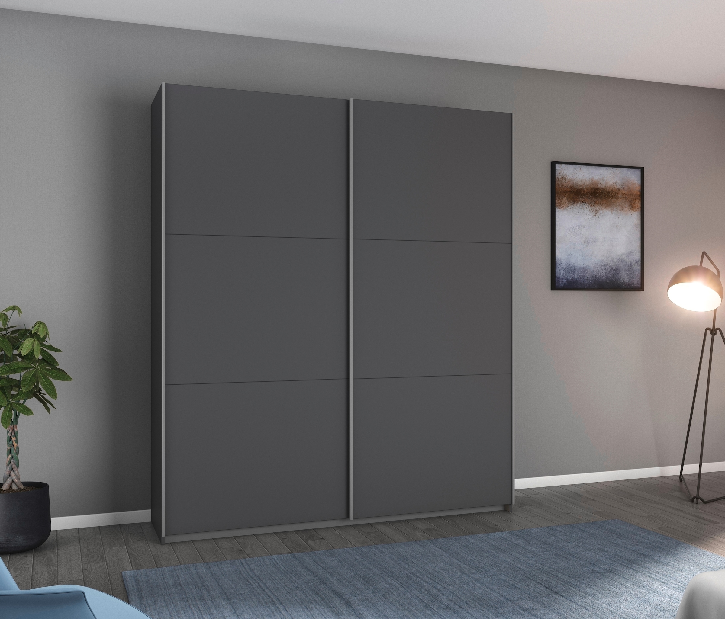 rauch Schwebetürenschrank "AURELIO Kleiderschrank Garderobe" 3 Ausstattungen BASIC/CLASSIC/PREMIUM (inkl. SOFT-CLOSE-FUNKTION), 3 verschiedene Ausstattungsvarianten Griffe aus Metall MADE IN GERMANY