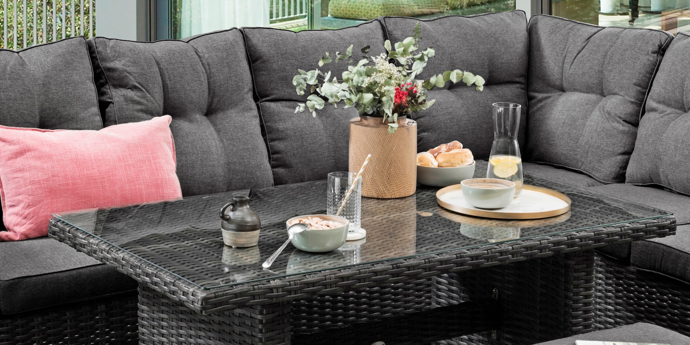 Destiny Gartenlounge-Set "SANTA PONSA DE LUXE Eckgruppe, grau mel., Tisch 140x80cm, Polster grau" Set, 20 Stk. tlg. Aluminium, Polyrattan
