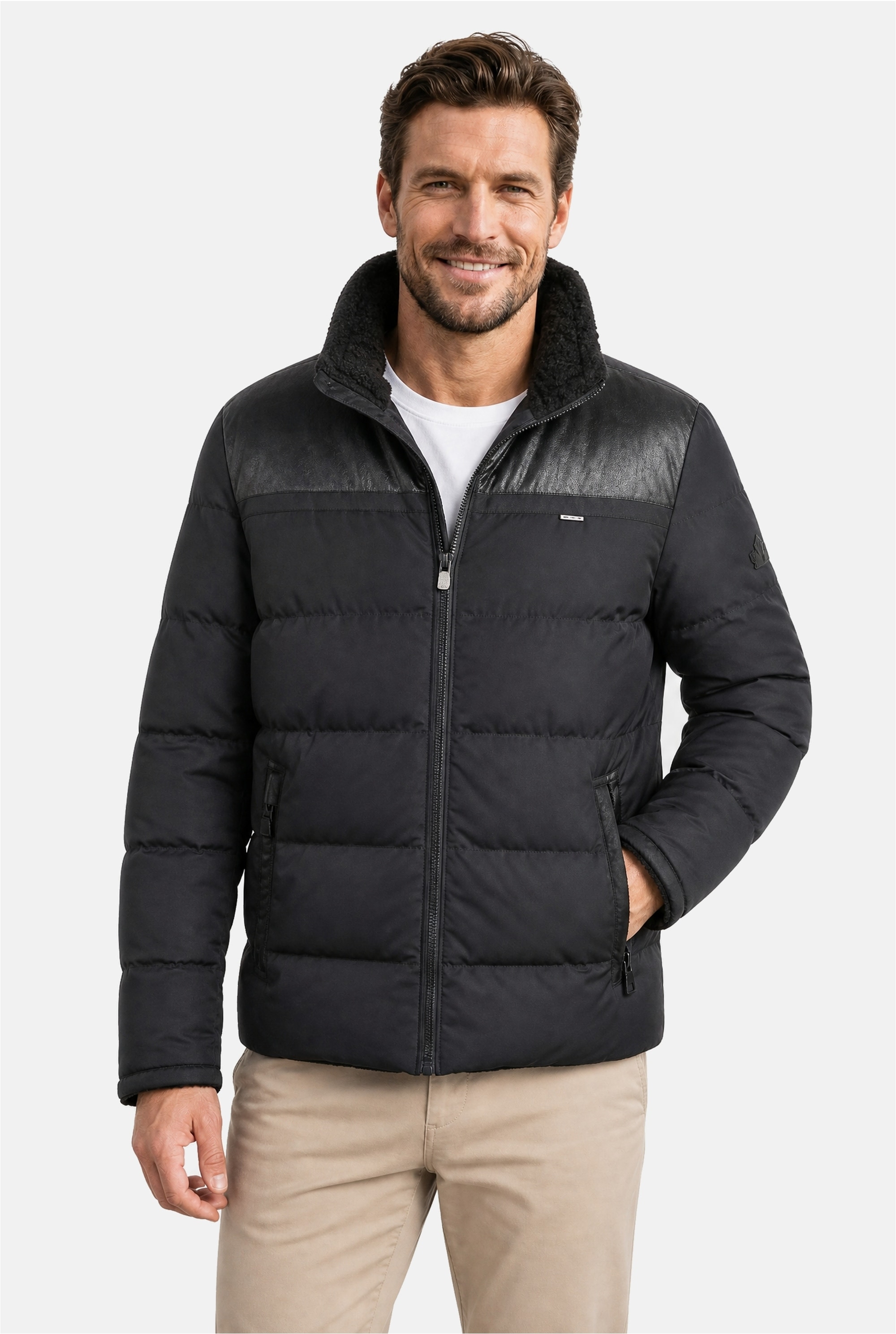 NEW CANADIAN Herren Steppjacke "Structure", schwarz, Gr. 48, kariert, unifarben, 100% Polyester, Jacken, mit Stehkragen und Reißverschlusstaschen