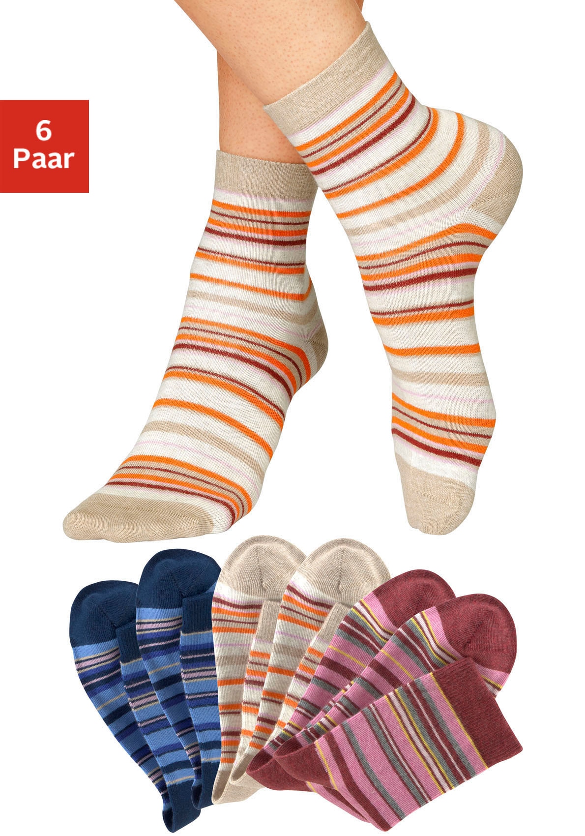 H.I.S Socken "Damensockensocken kurze Schafthöhe, Mini Crew Socken, Baumwolle" Packung, 6 Stk. tlg. mit farbigem Ringelmuster