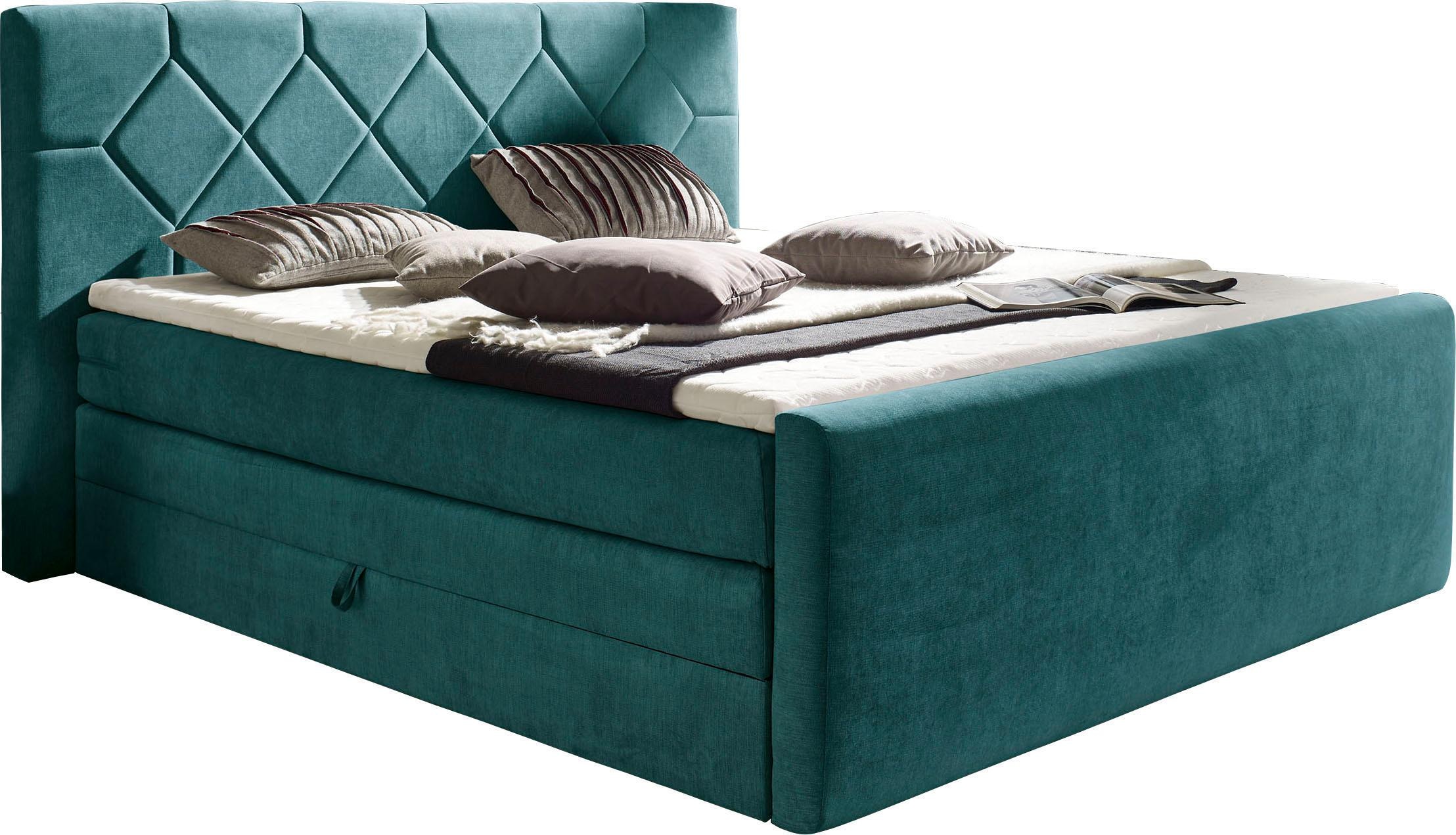 Boxspringbett HOME AFFAIRE "Atlanta", blau (ocean), B:200cm L:221cm, Kunststoff, Massivholz, Stoff, Komplettbetten, Boxspringbett, inklusive Topper und Bettkasten