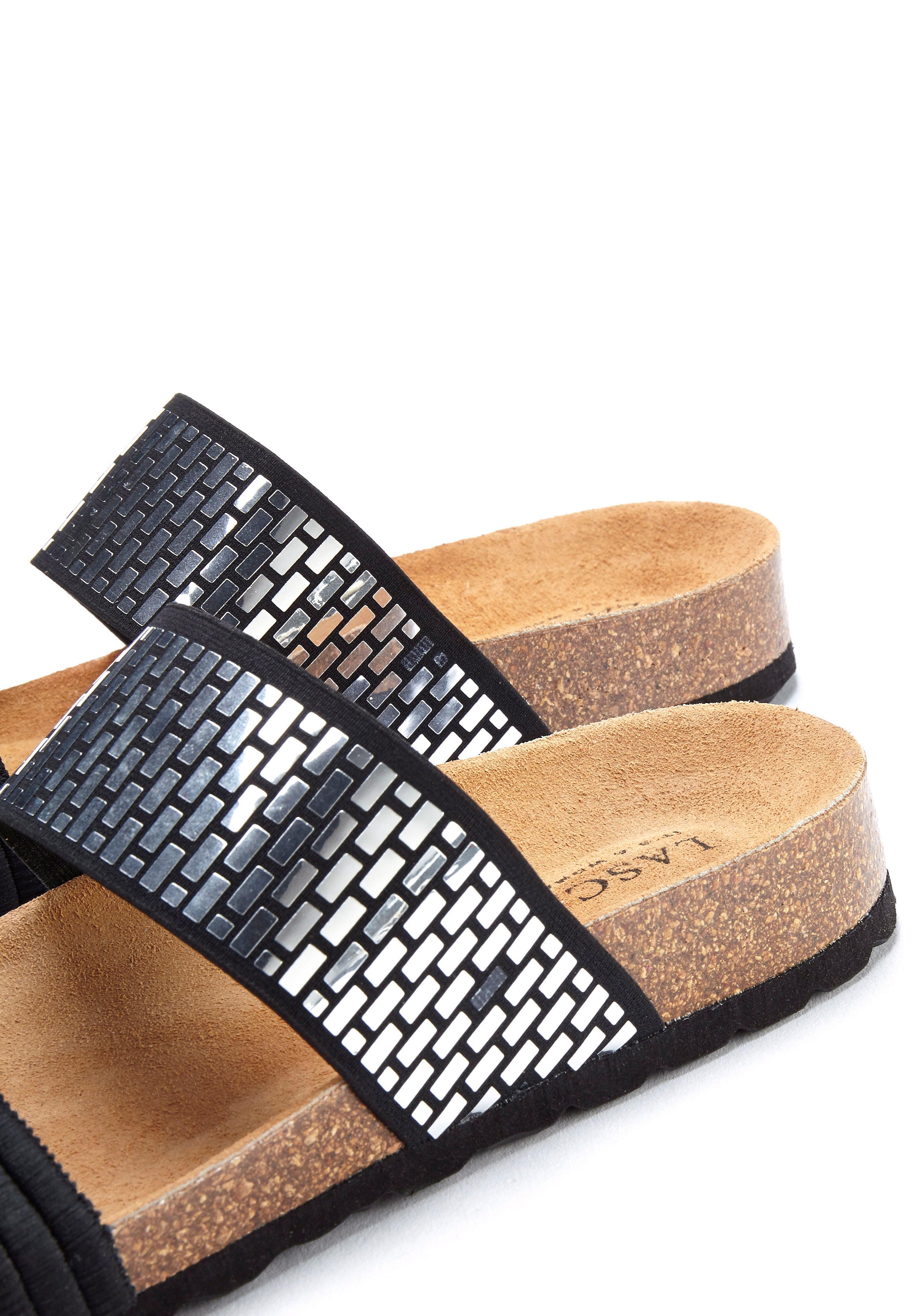 LASCANA Pantolette »Mule, Sandale, offener Schuh,«, mit Komfortkorkfußbett aus Leder und elastischen Riemchen
