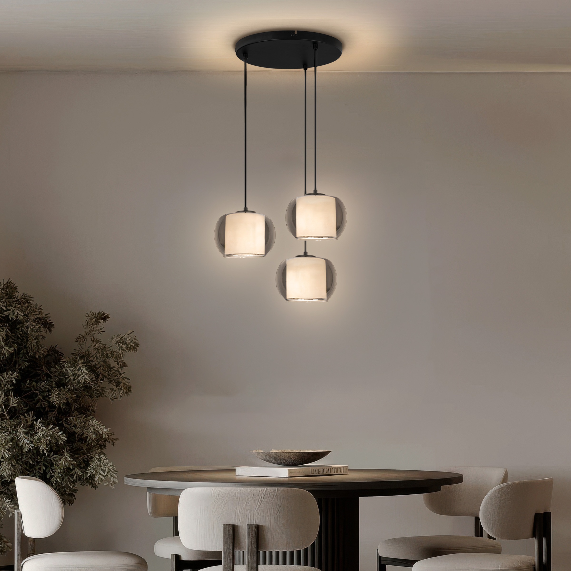 OTTO home Pendelleuchte »Tanissa mit Doppelschirm« E27 1 Stk. Pendellampe, 3er Rondell, Rauchglas, Stoffschirm, E27, Glasschirm