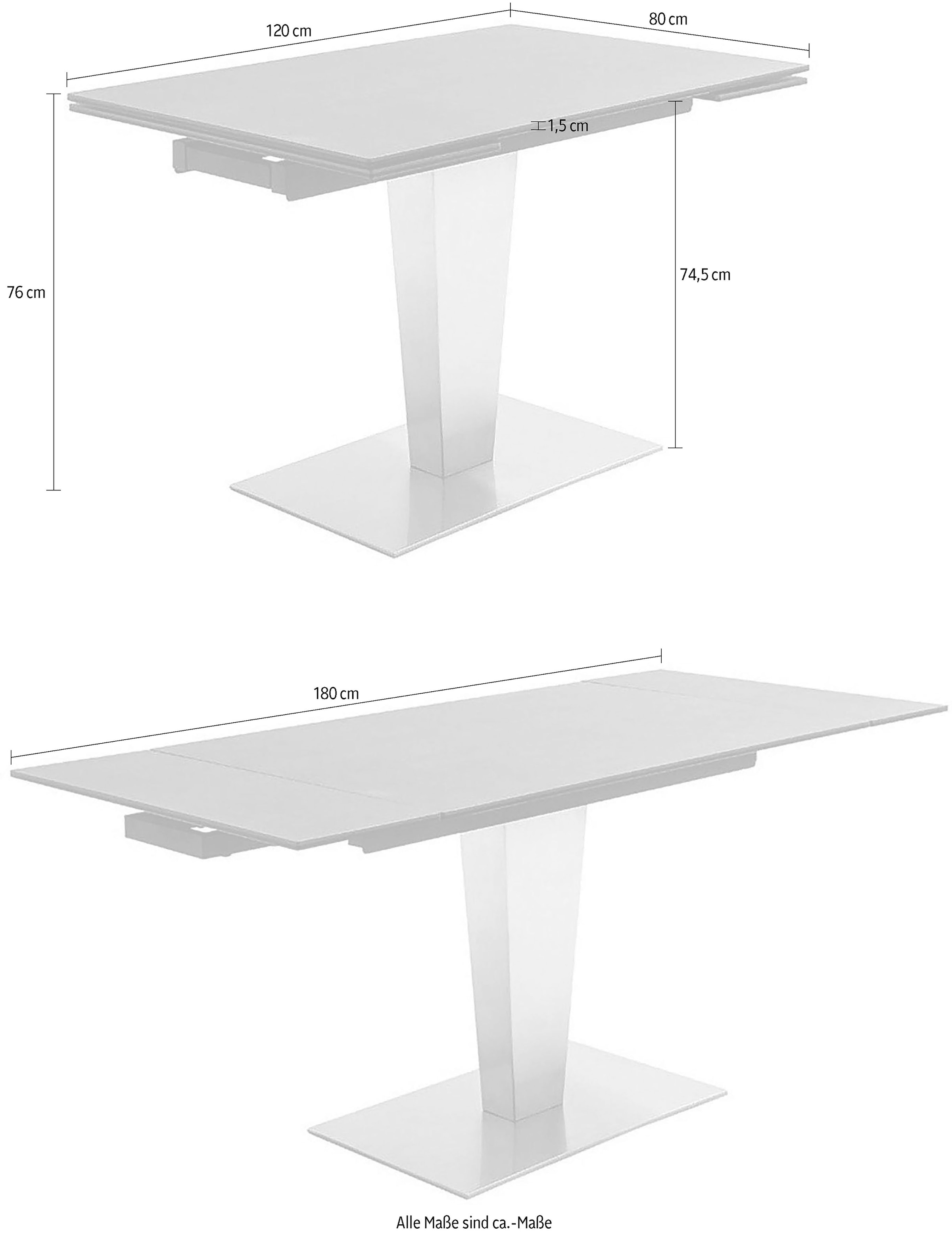 MCA furniture Esstisch »PESARO Auszugstisch mit Säule 120-180 cm«, (Einzelstück), Keramik,Edelstahl,Stirnauszug,ausziehbar,Tischplatte 14 mm