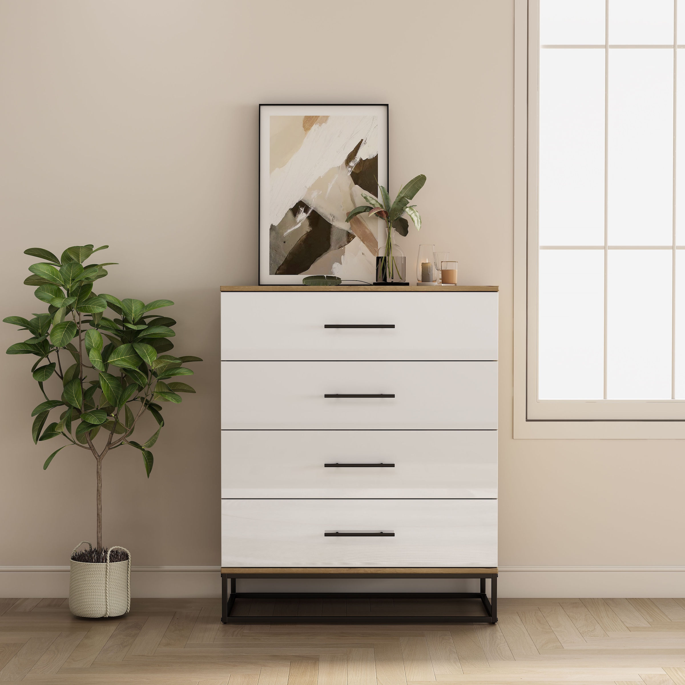 OTTO home Schubkastenkommode »Lucca Sideboard mit schwarzen Griffen 4 Schubladen Kufengestell« Hochwertige Hochglanzfronten in weiß,  Kommode Wäscheschrank im Loft Design mit 4 Schubladen