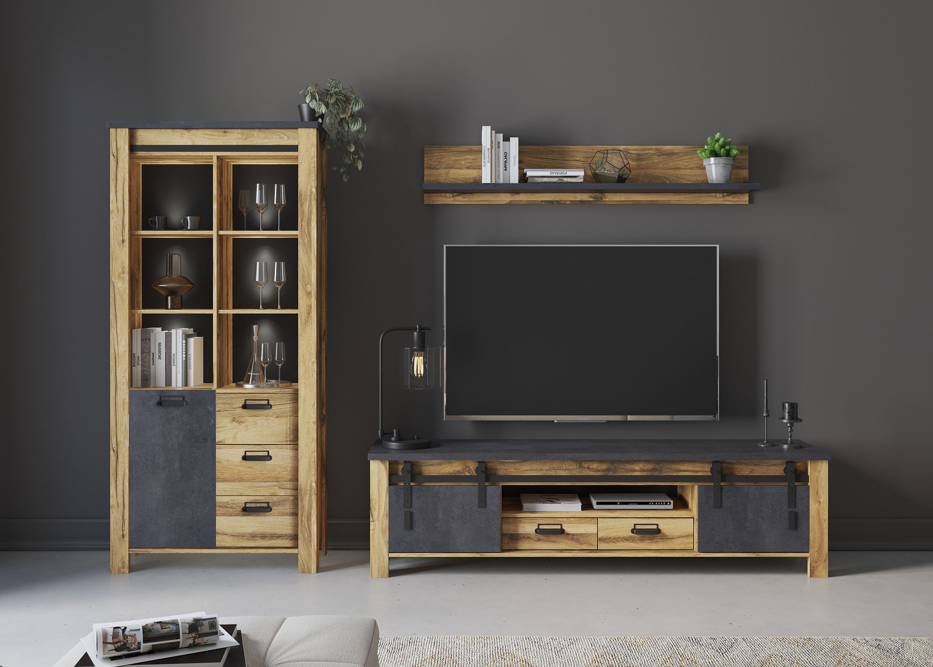Home affaire Wohnwand »York, moderne Anbauwand, Wohnzimmer-Set in Hunton Oak, 201 cm breit«, (Komplett-Set, 3 St.), enthält Vitrine, Lowboard +Wandboard, Metallgriff, Scheunentorbeschlag