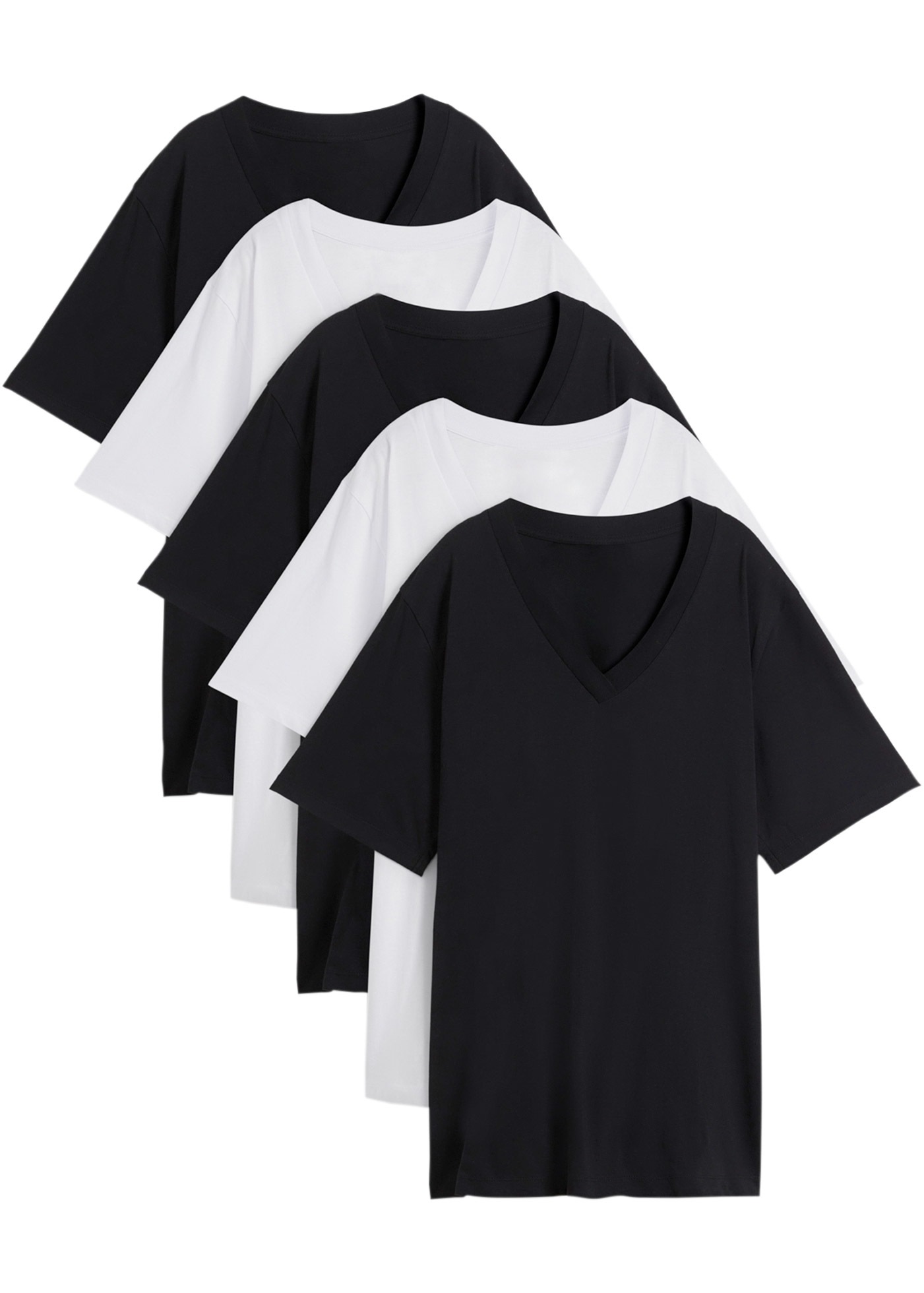 bonprix "Weites Long-Shirt mit V-Ausschnitt, Kurzarm (5er Pack)" Packung, 5 Stk. lockere Passform, Kurzarm, mit V-Ausschnitt, unifarben