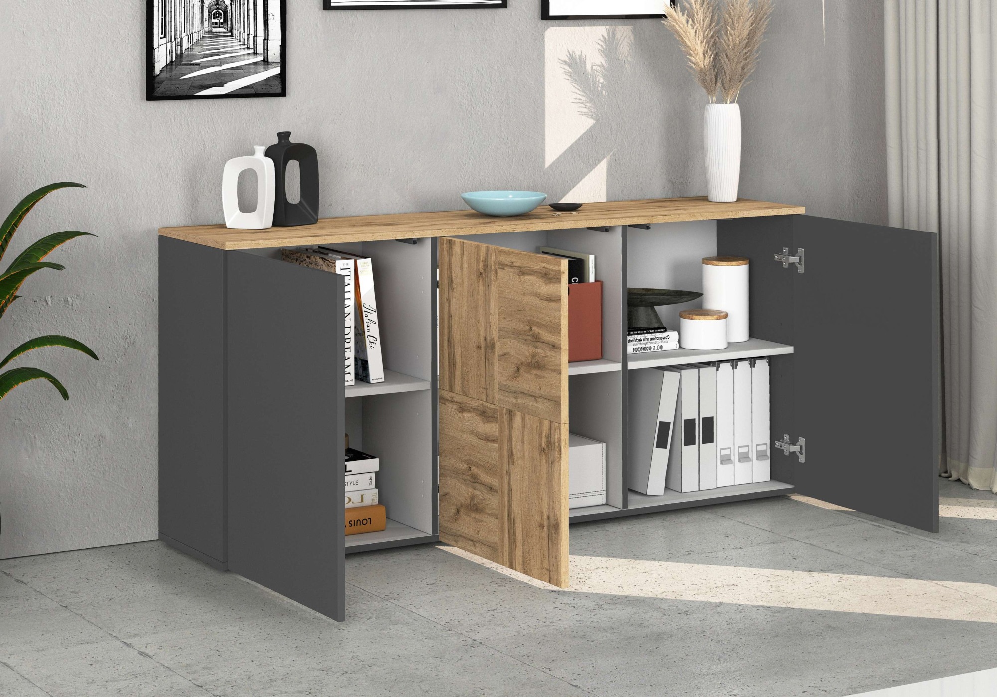 INOSIGN Sideboard »Sideboard ISEO, Kommode, Schrank, Kredenz« 1 Stk. tlg. stehend/hängend, 3 Türen, 6 Fächer, Breite 150 cm