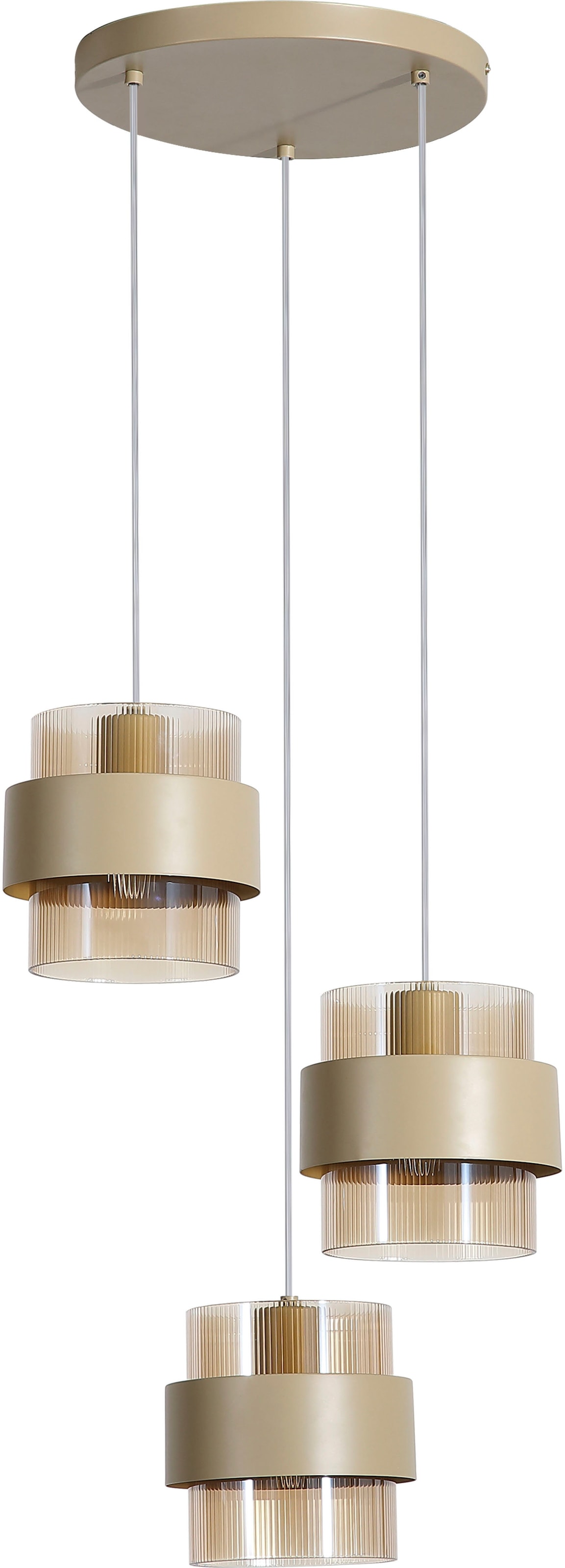 Searchlight Pendelleuchte »Royal 3Lt Pendelleuchte, Sandmetall, bernsteinfarbenes geripptes Glas« E27 1 Stk. geripptes Glas