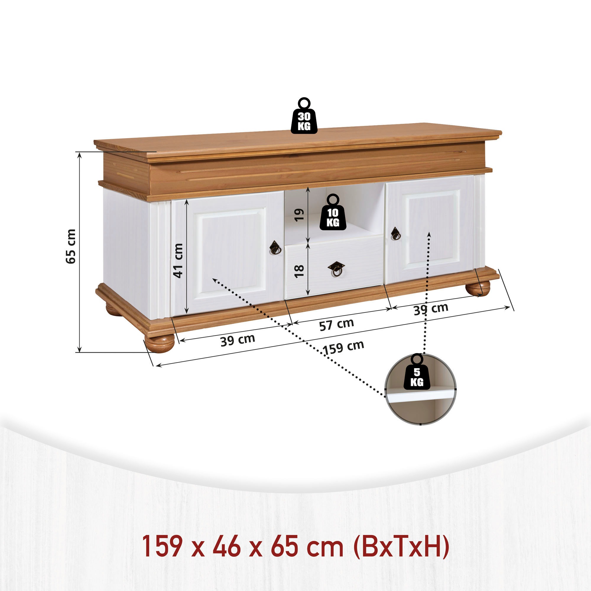 Inter Link TV-Board »Halmaro, Kiefer Massivholz, Soft-close, 159 x 46 x 65 cm, Stauraum« 1 Stk. tlg. TV Lowboard in Weiss, Braun/Oak, Landhausstil, 2 Türen, 1 Schublade