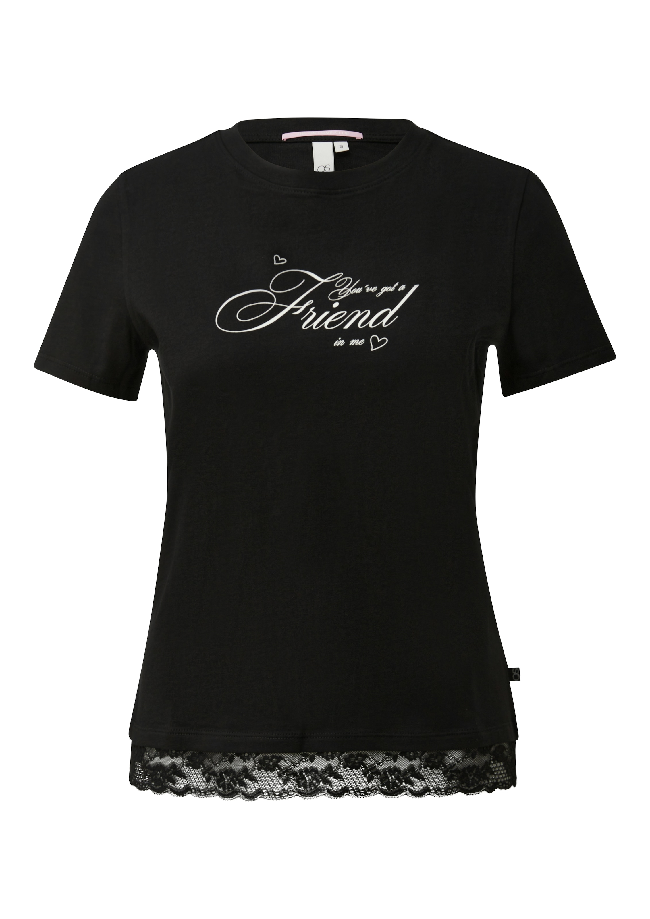 QS Rundhalsshirt mit Letter-Print und Spitze am Saum