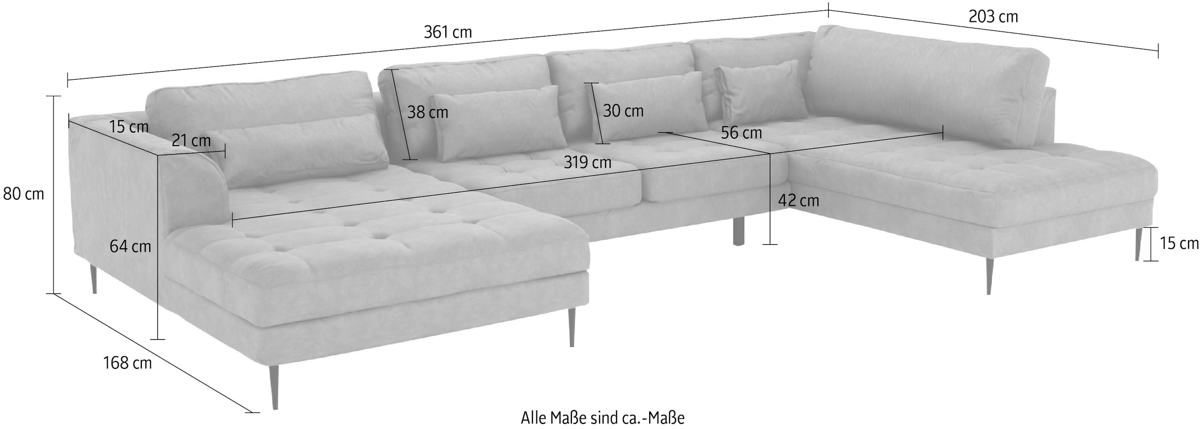 TRENDMANUFAKTUR Wohnlandschaft »Luzi, gemütliches Sofa, extra viel Platz, viele Kissen, OTTOs Choice«, Designsofa mit tollem Sitzkomfort, Metallfüße schwarz, Breite 361 cm