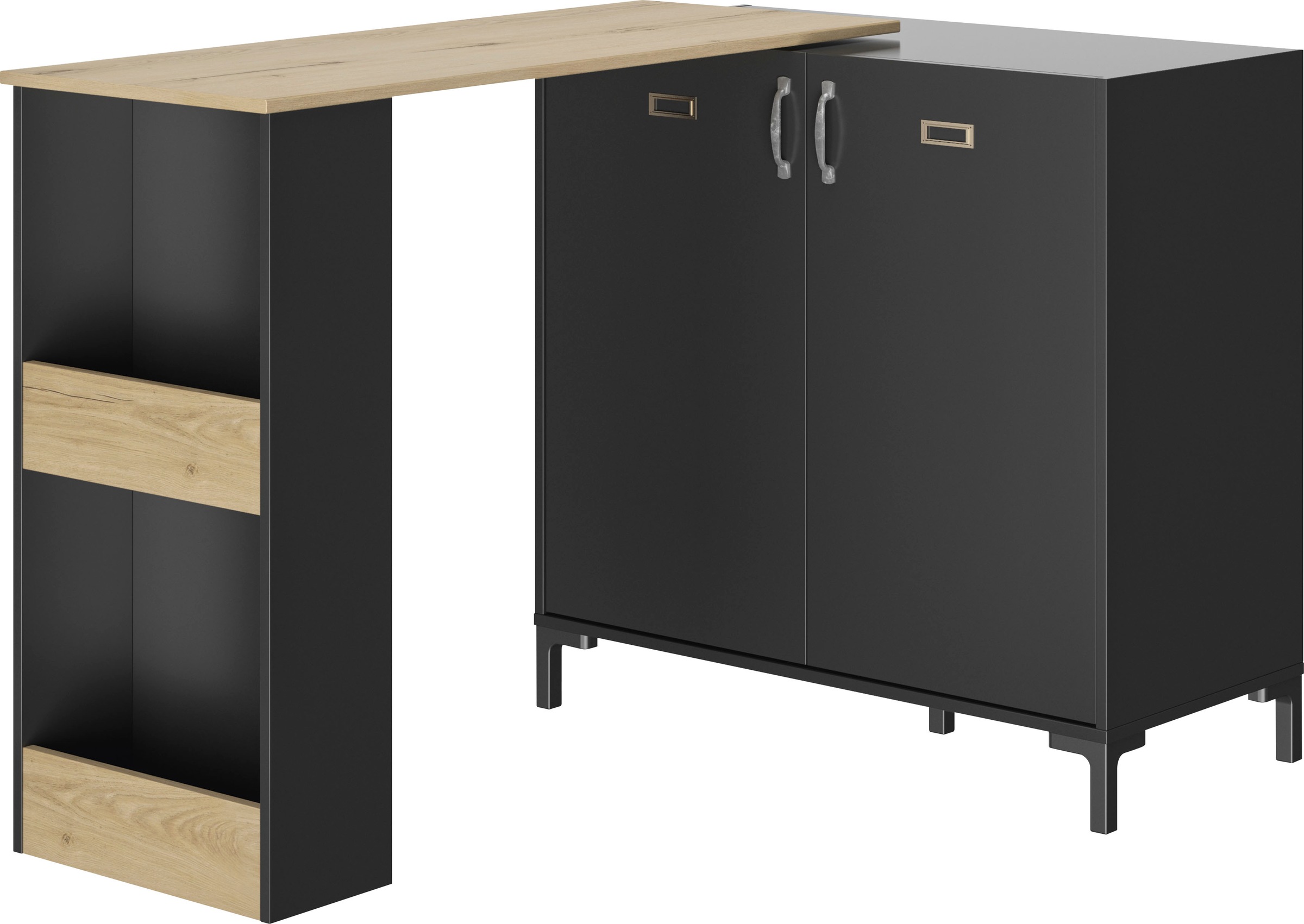 Bartisch GAMI "Manchester", schwarz (schwarz, eiche helvezia, schwarz, eiche helvezia), B:94cm H:93cm T:45cm, Tische, Bartisch, Bar schwenkbar 2 Türen 3