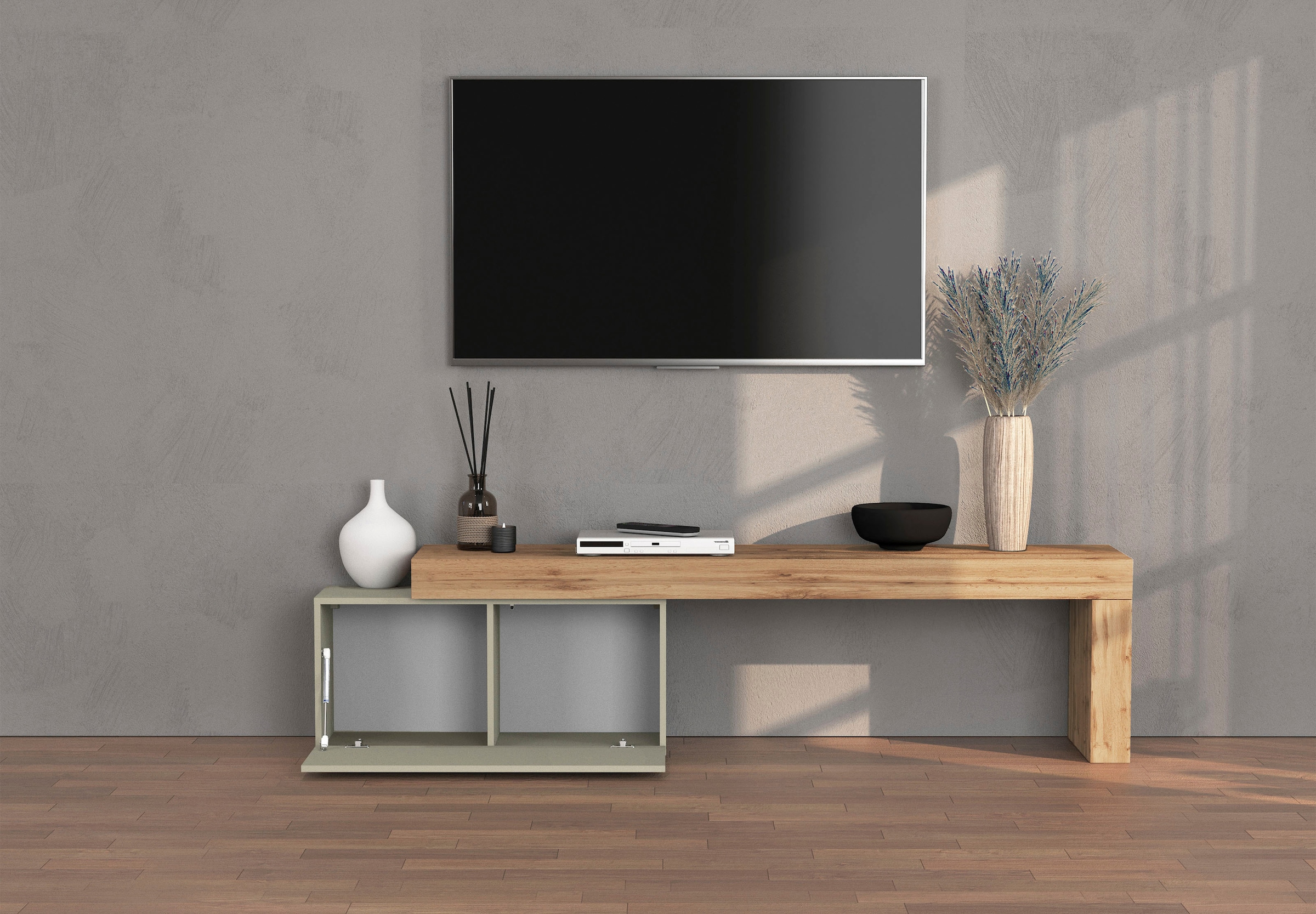 INOSIGN Lowboard »Chronos TV-Board, TV-Schrank«, (1 St., Breite verstellbar von 180 bis 260 cm), Breite 220 cm TV-Board,Lowboard,1 Klappe und ein L-Förmiger Aufsatz