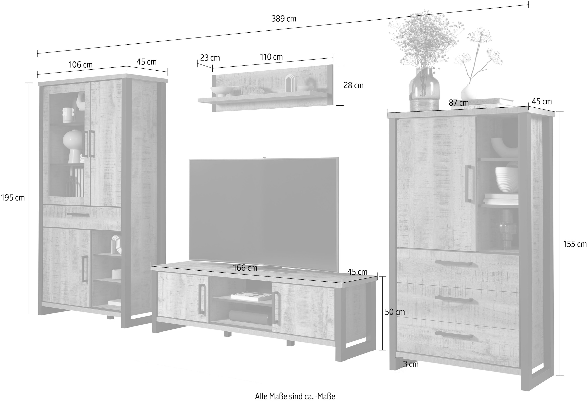 Home affaire Wohnwand »Elda« Komplett-Set, 4 Stk. tlg. Set bestehend aus: TV Lowboard, Vitrine, Wandboard,Highboard