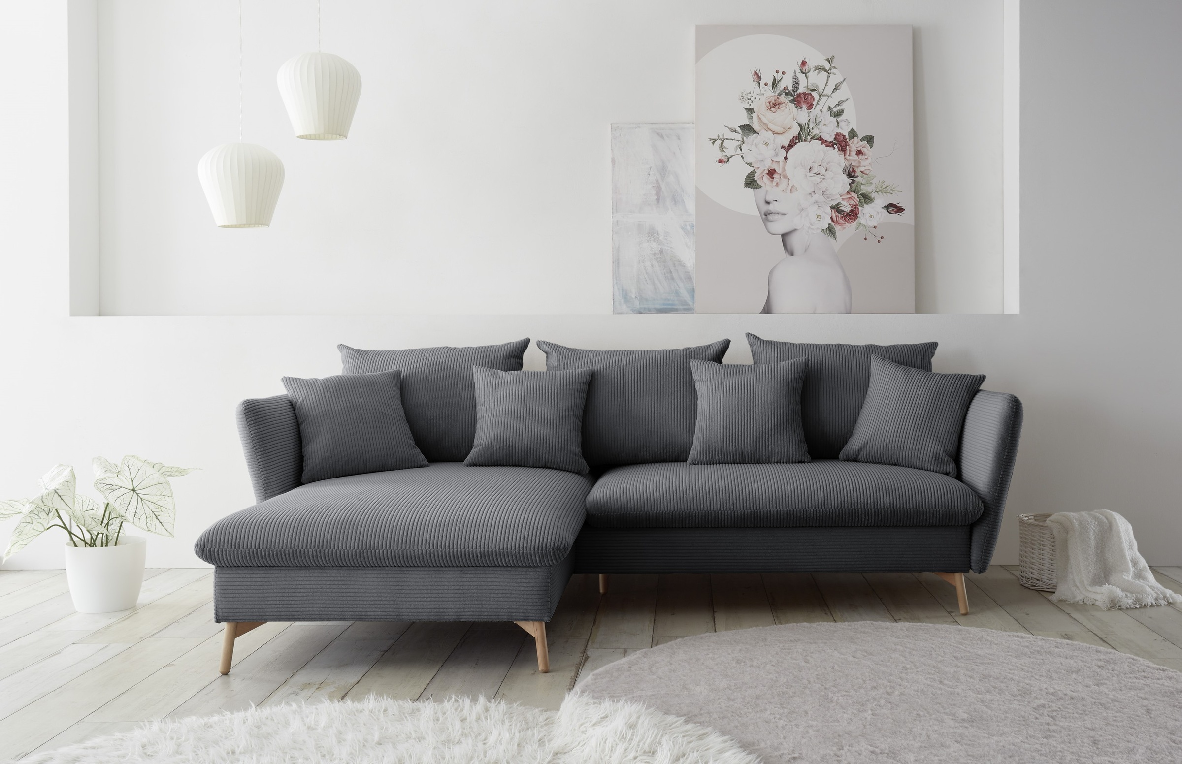 andas Ecksofa »MERLE, 258 cm, L-Form, traumhafter Cord,«, mit Bettfunktion und Bettkasten, Liegefläche 224 x 139